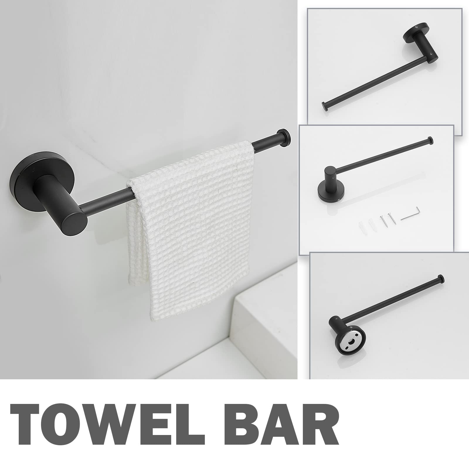 5-Piece Matte Black Bathroom Towel Bar Holder Set - Stainless Steel Wall Mounted Bath Accessories Kit for Modern Bathroom & Spa Decor