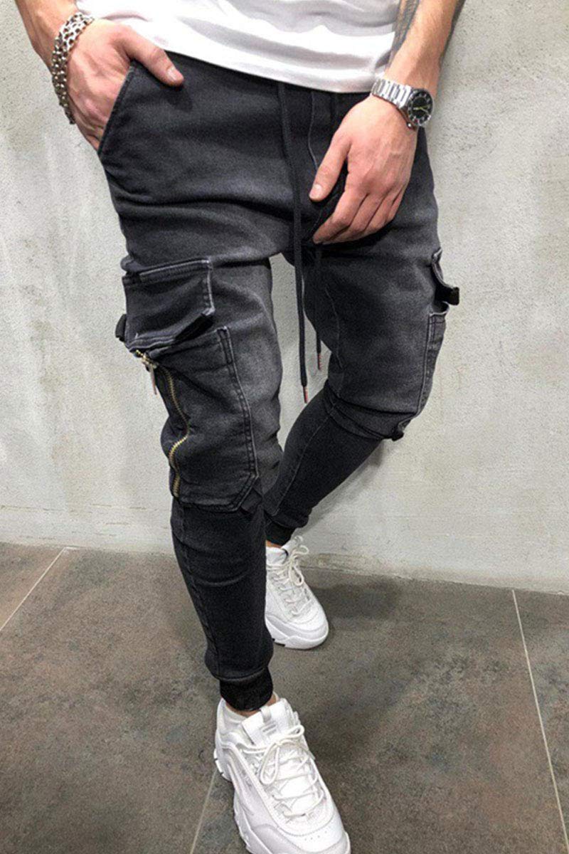 Men's Stretch Slim Fit Denim Jogger Pants with Elastic Cuffs & Cargo Pockets - Casual Hipster Tapered Leg Sweatpants for Gym, Running, Streetwear (Black, Small)
