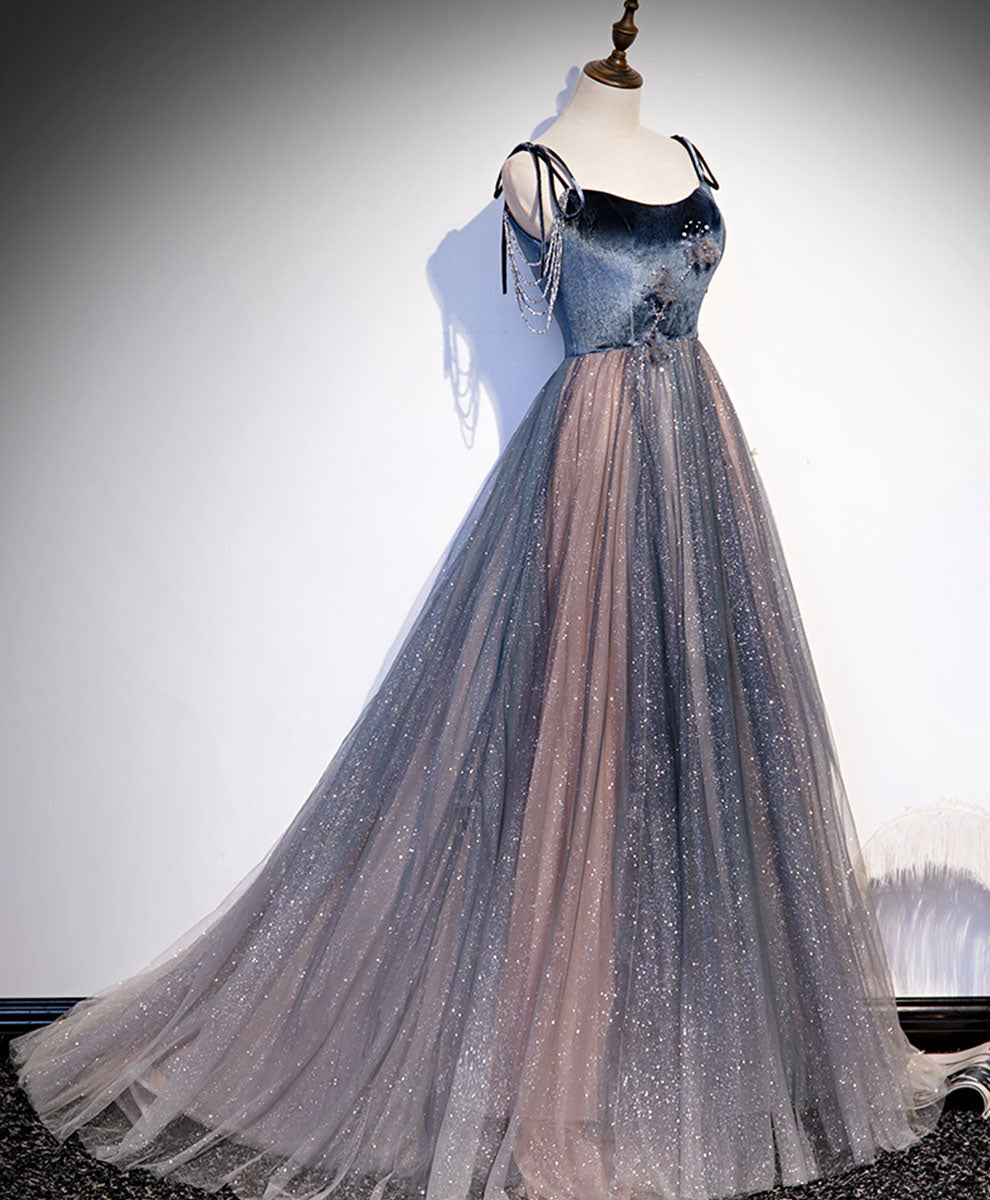 Elegant Blue Tulle Sequin Long Prom Dress for Women - Formal Evening Gown for Homecoming, Quinceañera & Special Occasions