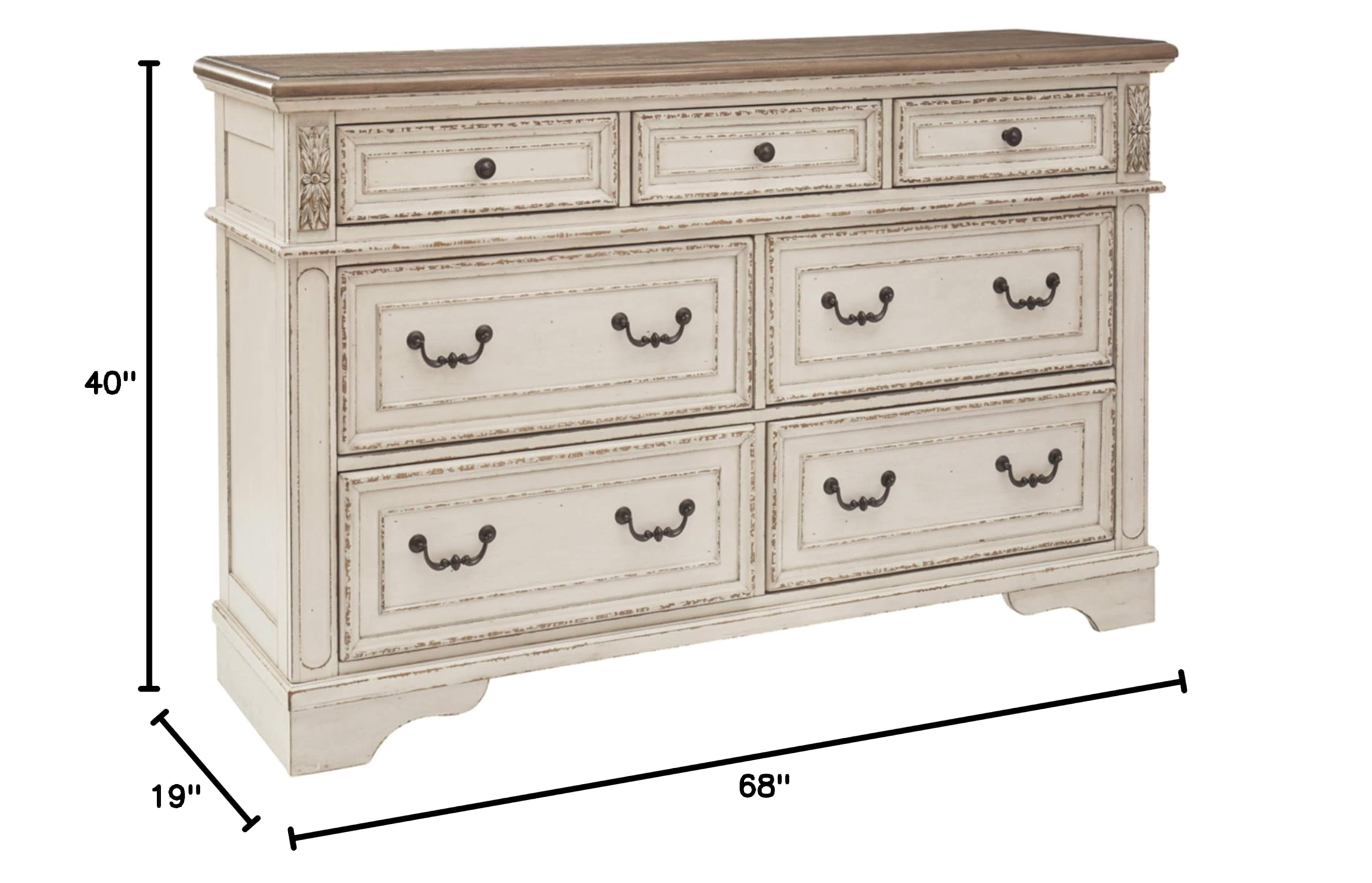 Signature Design by Ashley Realyn French Country 7-Drawer Dresser & 3-Drawer Nightstand Set in Chipped White - Two-Tone Finish with Built-in Electrical Outlets & USB Ports - Perfect for Bedroom Storage and Modern Charging Needs