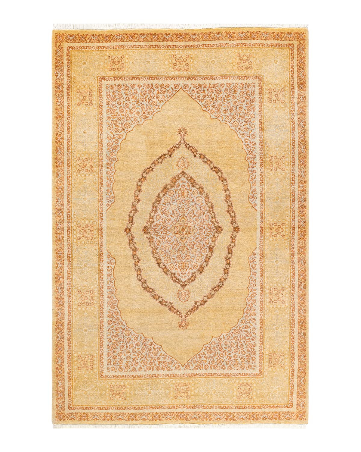 Handmade Wool Oriental Mogul Yellow 4x6 Area Rug - Traditional Hand-Knotted Solo Rugs for Living Room, Bedroom & Dining Room Decor