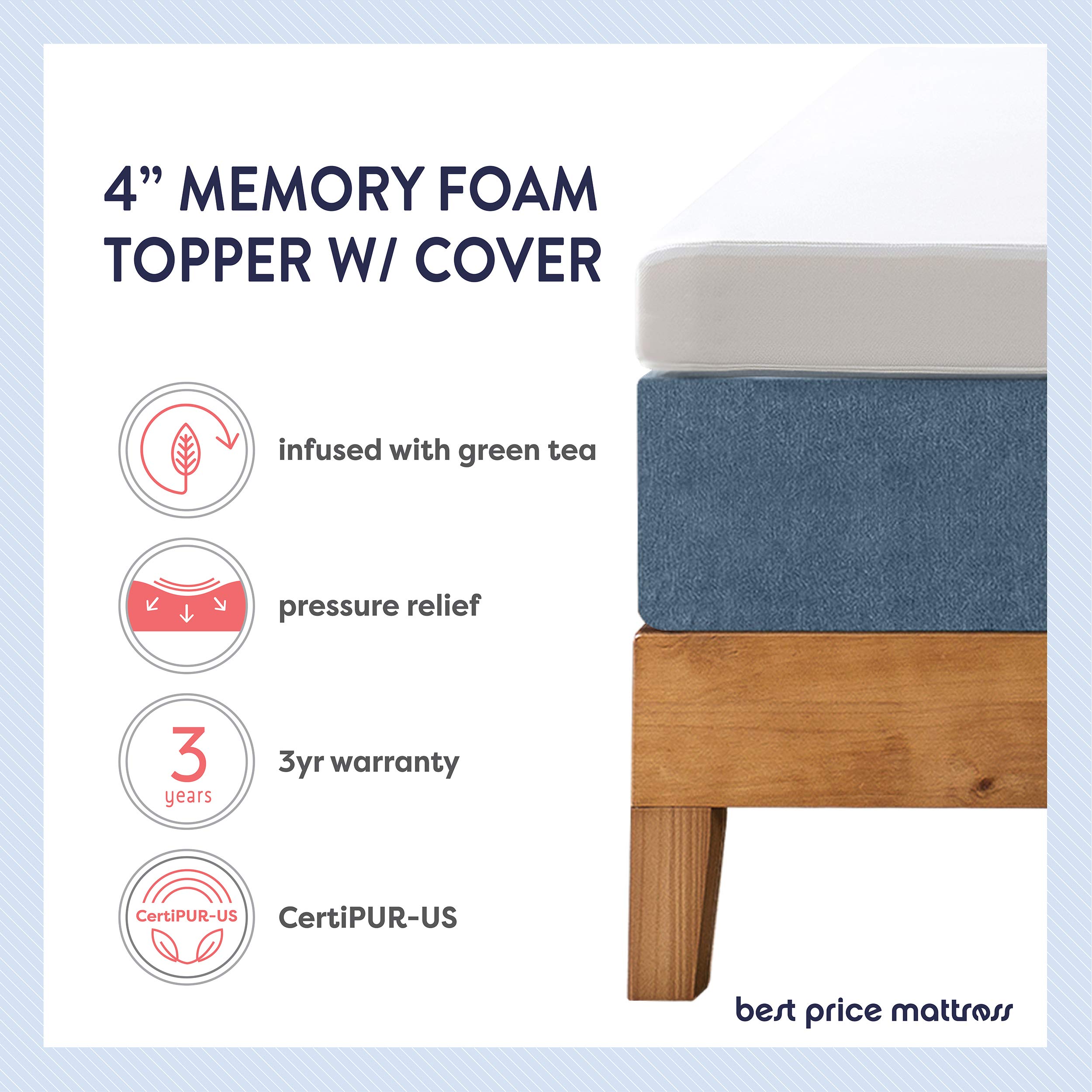 4 Inch Memory Foam Mattress Topper with Removable Cover - Green Tea Infused for Calming Sleep, Full Size, White | Cooling Bed Topper for Back Pain Relief & Pressure Point Support
