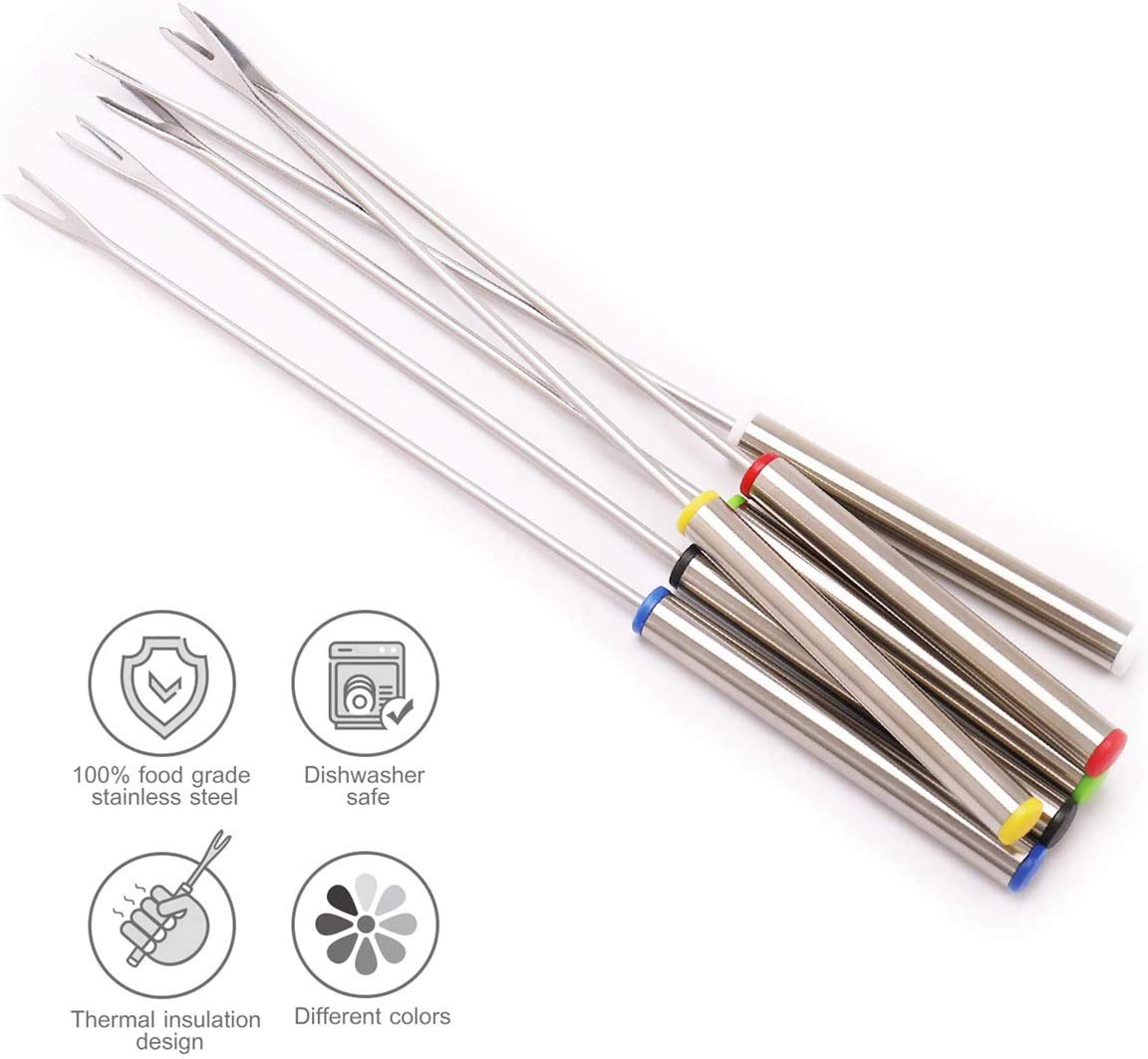 12-Piece Color-Coded Stainless Steel Fondue Forks Set with Heat-Resistant Handles (9.5 Inch) - Perfect for Cheese, Chocolate & Meat Fondue Parties, Family Gatherings & Entertaining