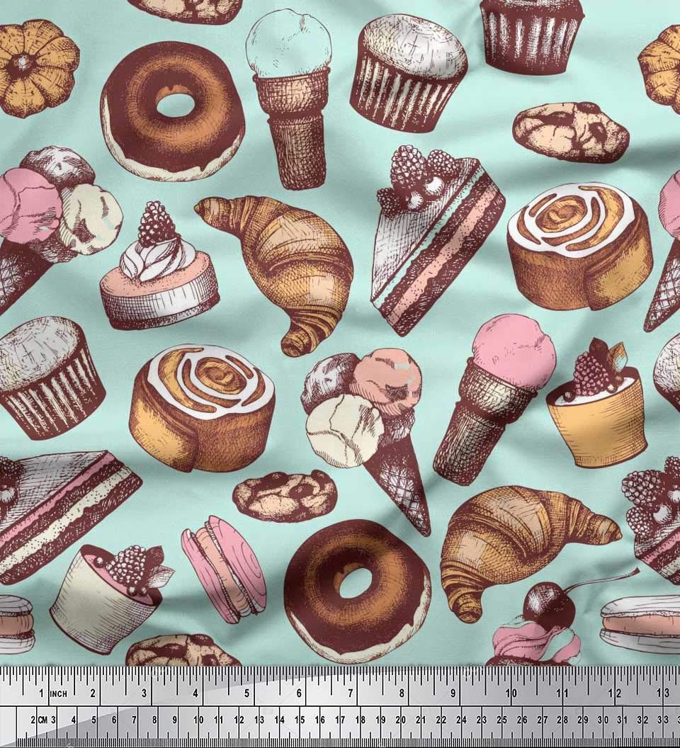 Soimoi 100% Cotton Poplin Fabric by The Yard - 42 Inch Wide - Green Cupcake, Donut & Cookies Food Print - Whimsical Printed Fabric for Quilting, Dressmaking, DIY Crafts & Home Decor Projects