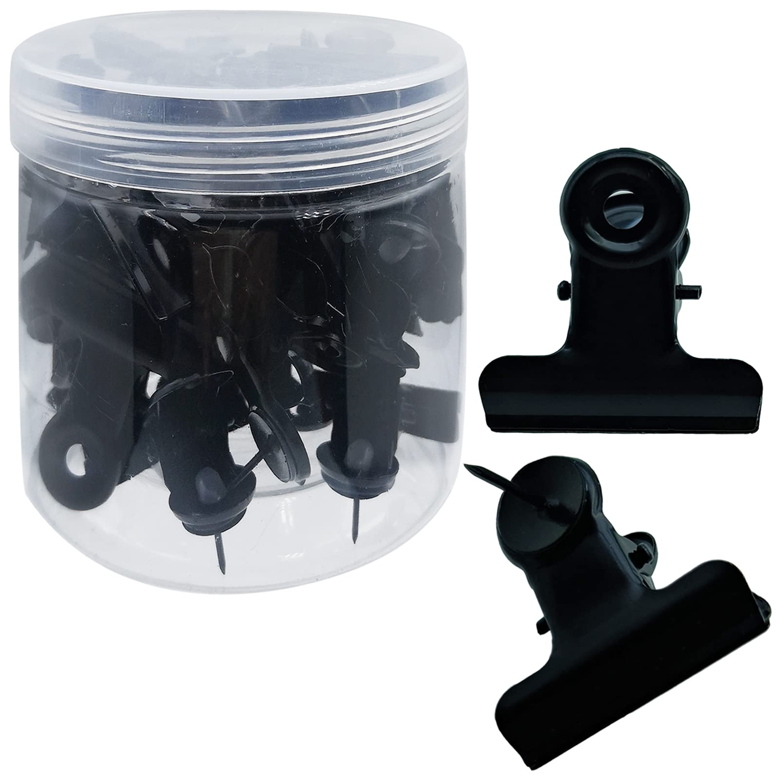 32-Piece Heavy Duty Push Pins with Clips - No-Hole Paper Clips for Cork Boards, Bulletin Boards & Office Use - Bulldog Thumb Tacks for School, Home & Office Organization (31mm, Black) - Perfect for Hanging Photos, Notes & Documents Without Damaging Walls