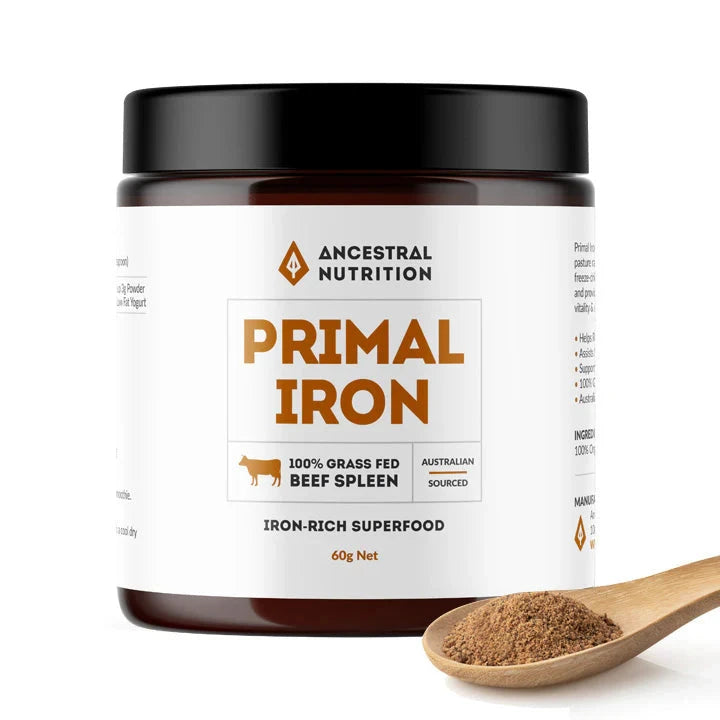 Ancestral Nutrition Primal Iron Supplement - 100% Grass-Fed Beef Spleen Capsules (60g) for Energy Boost & Iron Deficiency Support | Paleo & Keto Friendly