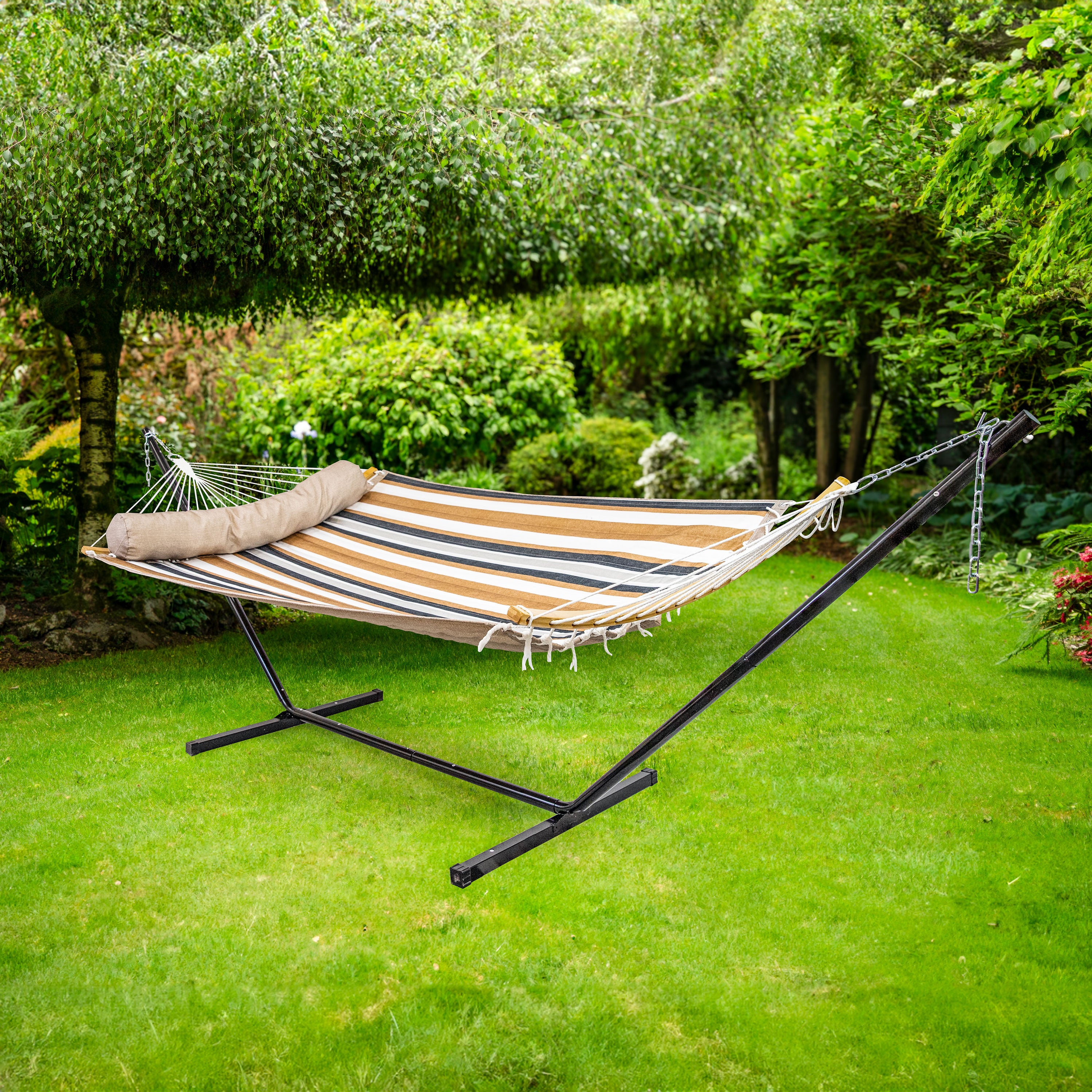 Premium Sunnydaze Quilted Outdoor Hammock with Curved Bamboo Spreader Bar & Comfort Pillow - Perfect for Backyard, Patio, Camping & Relaxation