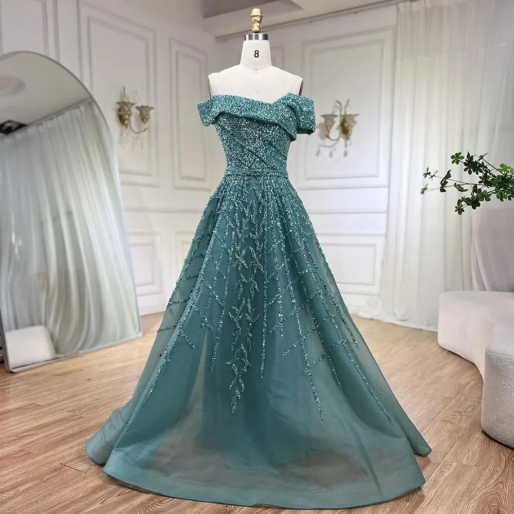 Serene Hill Elegant Black Beaded A-Line Evening Gown 2025 | Off-Shoulder Luxury Long Party Dress for Women | Perfect for Galas, Weddings & Formal Events - LA72224