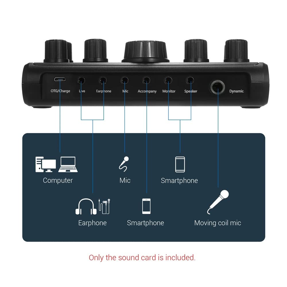 Professional Bluetooth Live Sound Card & Audio Mixer with Multiple Sound Effects - External Voice Changer for PC, Smartphone, Streaming (Perfect for Podcasting, Gaming, Karaoke & Live Broadcasting)
