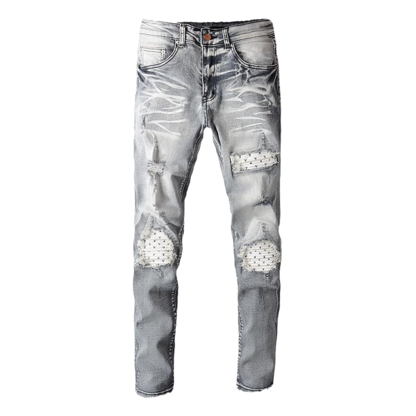 Men's Grey Patchwork Biker Jeans - Stretch Denim Motorcycle Pants with Stacked Design for Streetwear & Riding | Comfortable & Stylish for Urban Fashion & Motorcycle Enthusiasts
