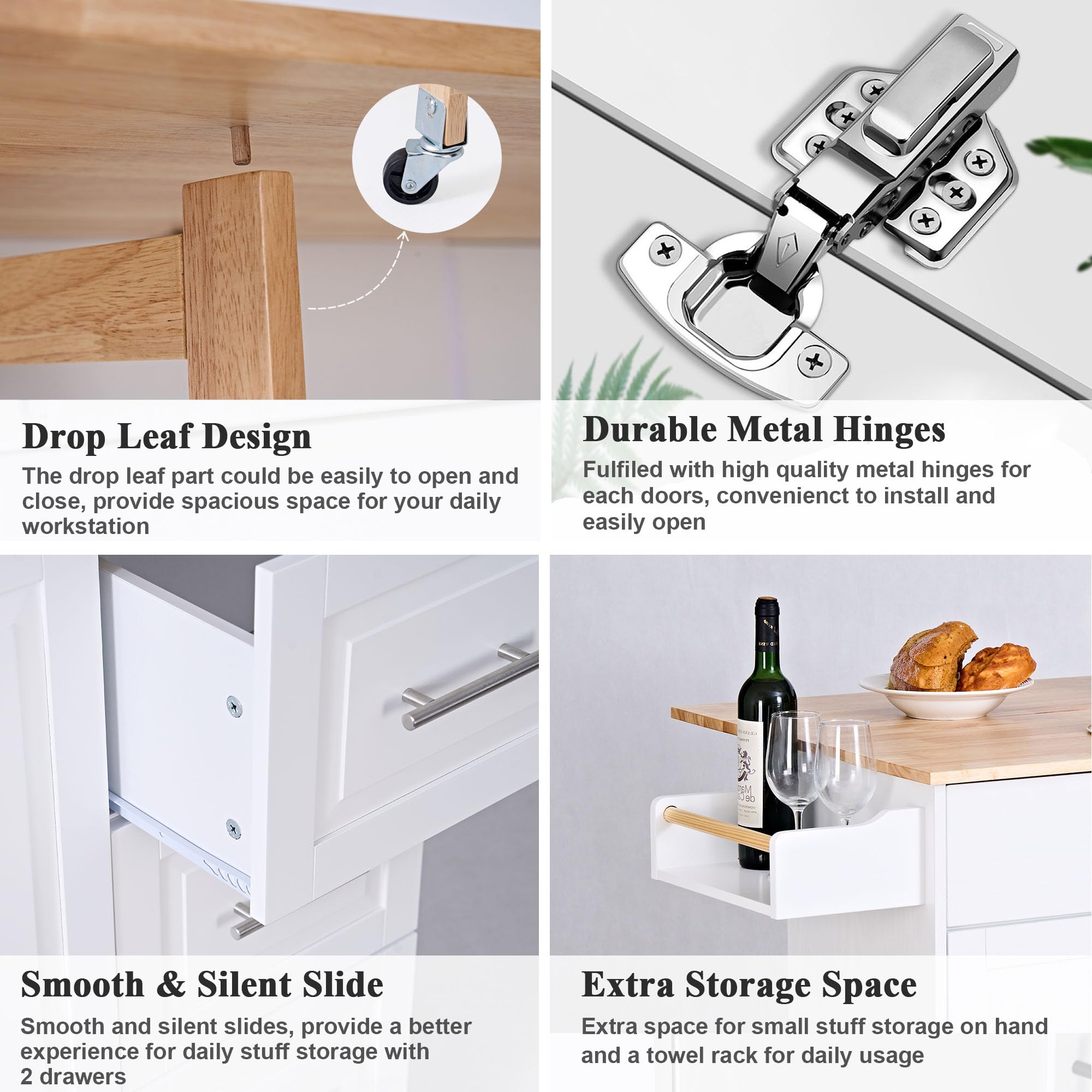 Soges Mobile Kitchen Island with Storage & Drop Leaf - Rolling Kitchen Cart with 3 Drawers, Large Cabinets & Adjustable Shelves - White - Perfect for Small Kitchens, Apartments & Food Prep Stations
