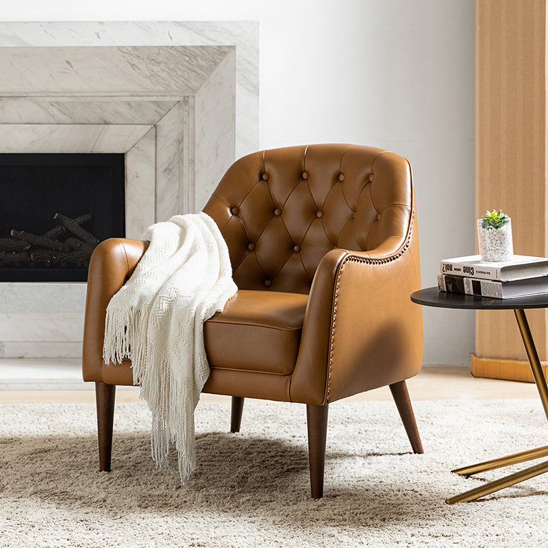 **Casio Genuine Leather Barrel Chair with Wooden Legs – Stylish Accent Chair for Living Room, Office, or Lounge**