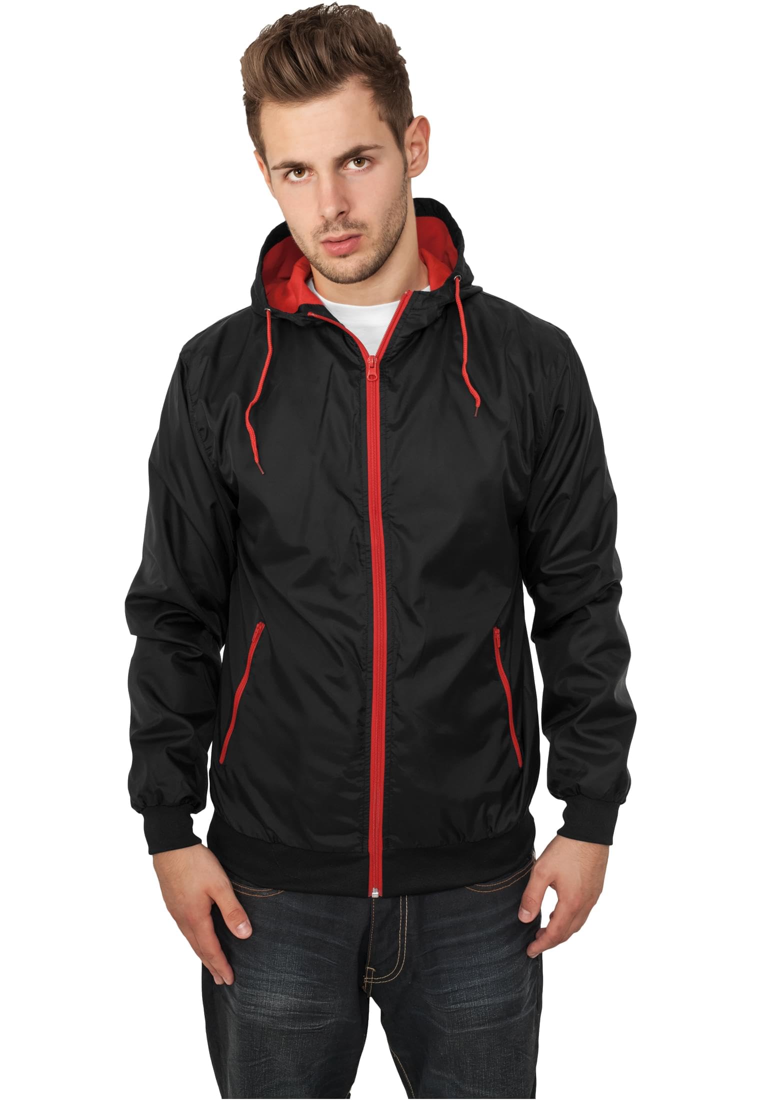 **Men's 3XL Black & Red Contrast Windrunner Jacket - Lightweight Water-Resistant Running Hoodie for Outdoor Sports & Casual Wear**
