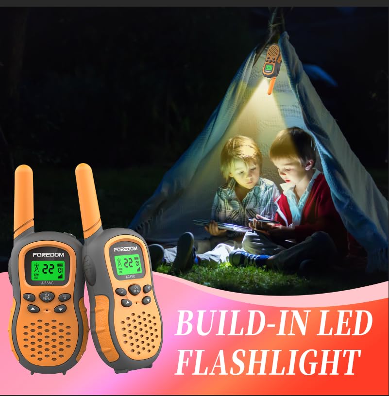 J388C Kids Walkie Talkies 2 Pack - Long Range Communication, Built-in Flashlight, Durable & Easy to Use - Perfect for Outdoor Adventures, Camping, Hiking, and Family Activities (Orange)