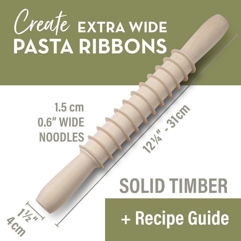 Authentic Italian Wooden Pasta Cutter - Handmade Pappardelle Pasta Maker & Rolling Pin Set with Free Recipe Book | Perfect for Homemade Italian Cuisine & Gift Giving