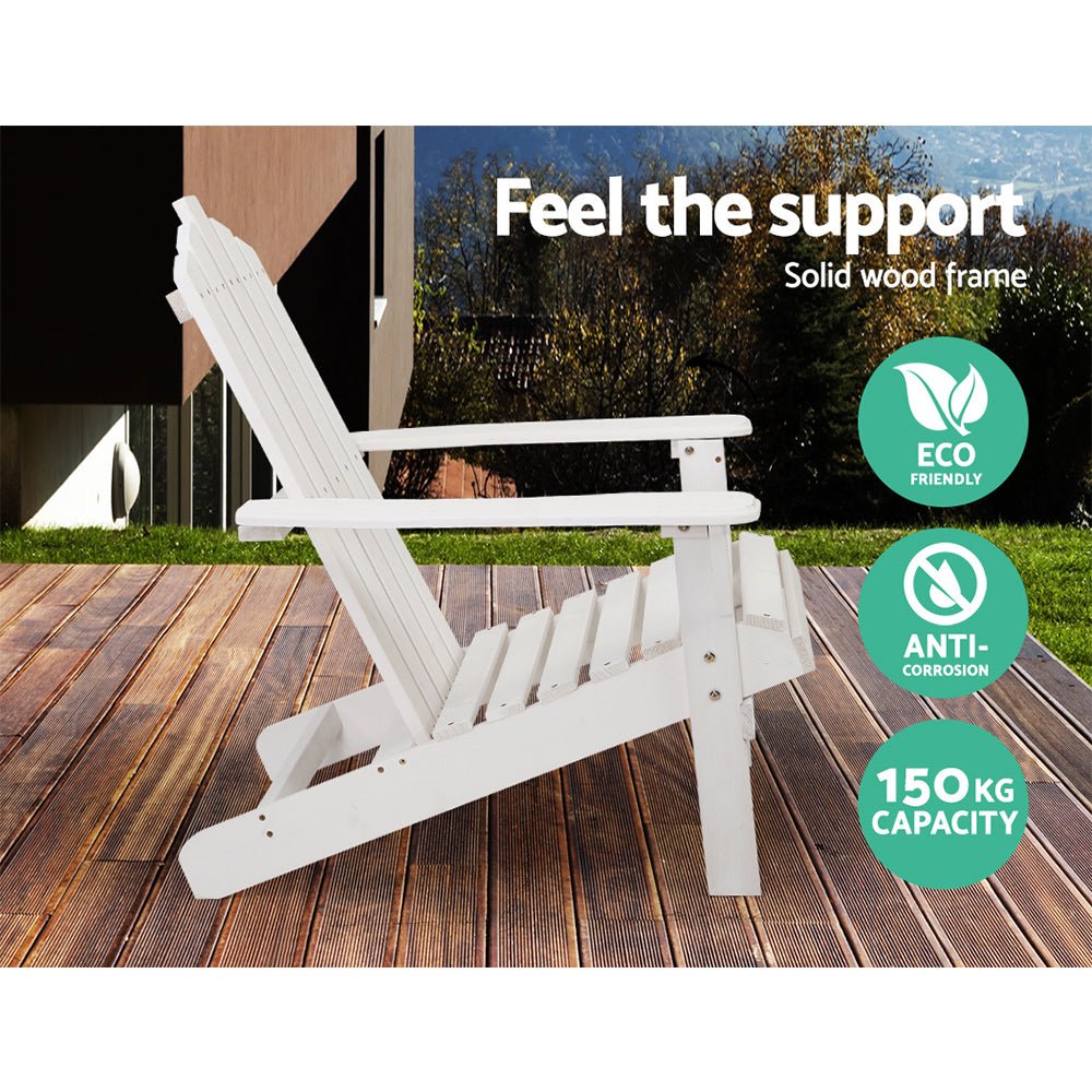 2-Piece White Adirondack Outdoor Table and Chair Set - Durable Wooden Patio Furniture for Beach, Garden, and Backyard Relaxation