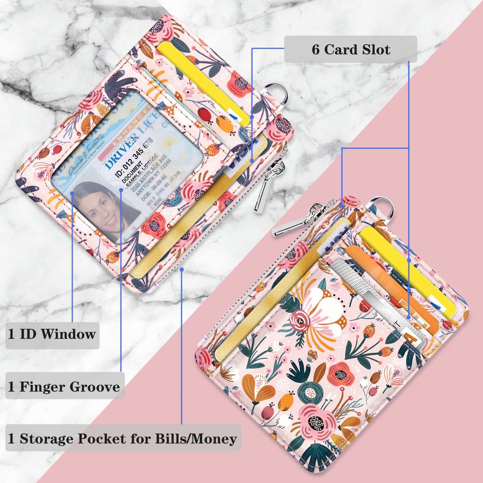 Waveyu Pink Flower Wrist Lanyard with ID Holder & 6 Card Slots - Perfect for Women's Work & Travel Essentials