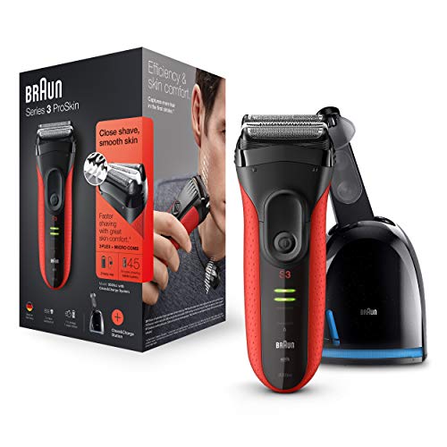 Braun Series 3 ProSkin 3050cc Men's Electric Foil Shaver - Rechargeable Wet & Dry Shaver with Clean & Charge Station - Black/Red - Perfect for Travel & Daily Grooming