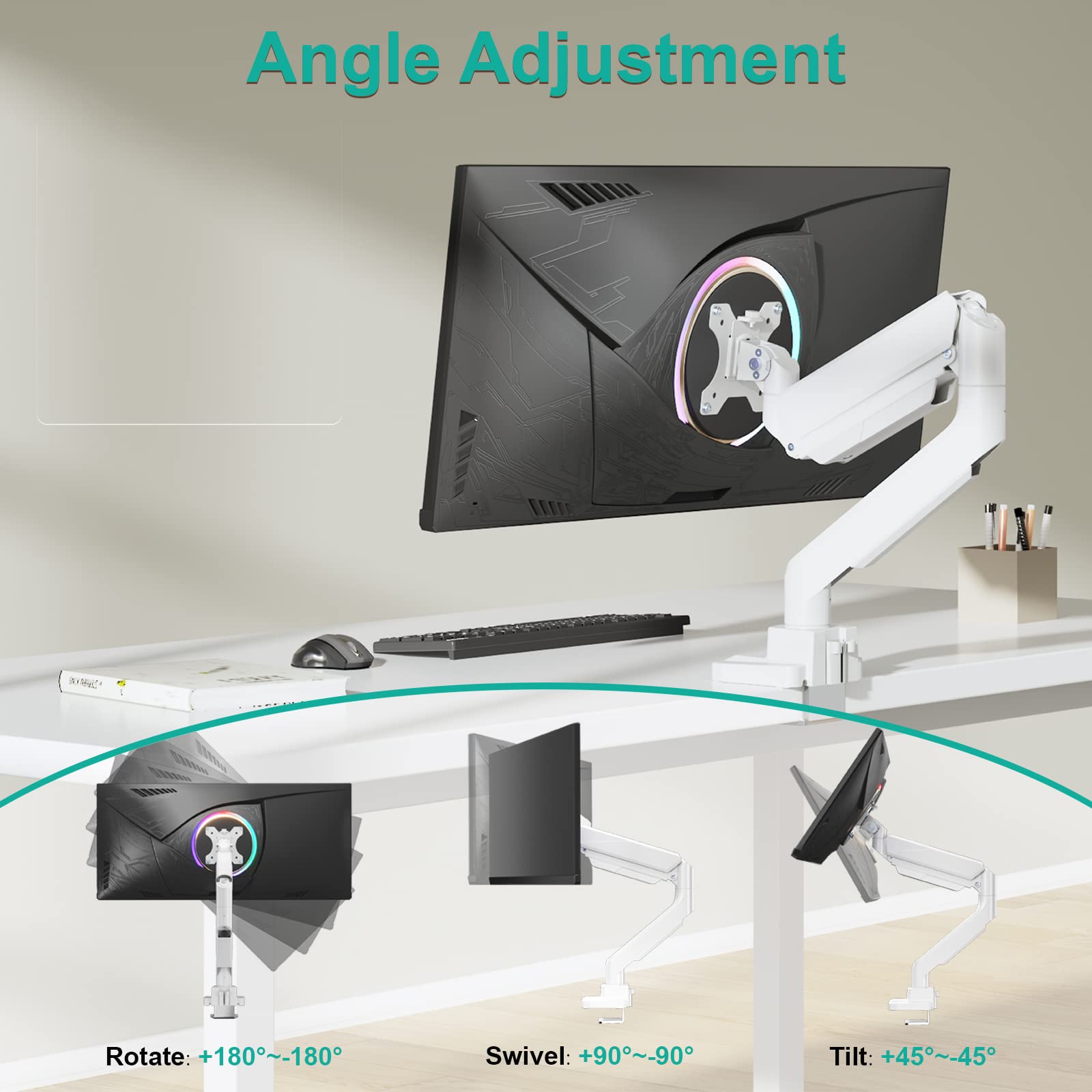 WALI Adjustable Gas Spring Single Monitor Arm Stand - Heavy Duty Desk Mount for 35 Inch Screens up to 33lbs (GSMU001-W, White) | Perfect for Home Office, Gaming Setup & Workspace Ergonomics