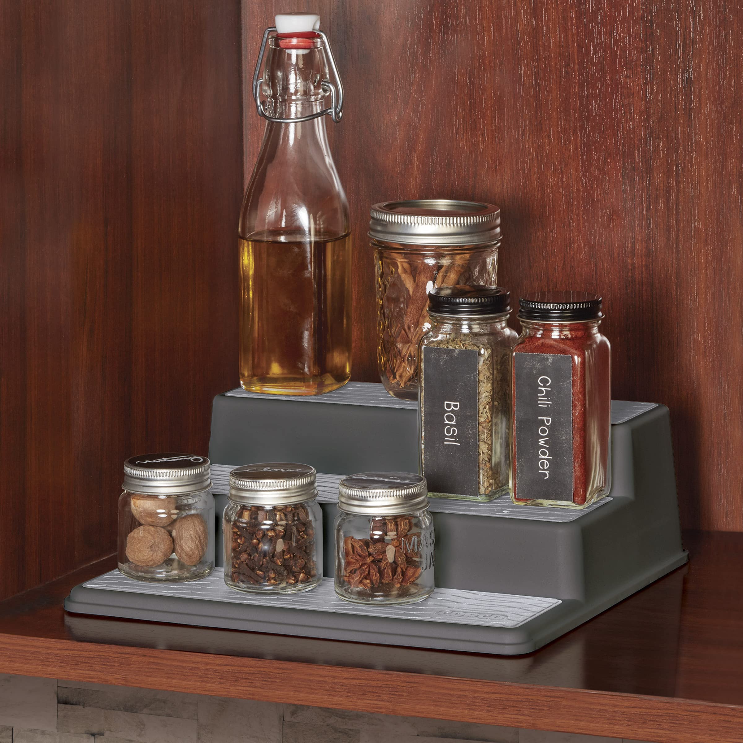 Copco 3-Tier Non-Slip Spice Rack Organizer for Kitchen Cabinet - 10 Inch Space-Saving Shelf, Charcoal Gray | Perfect for Pantry, Countertop, and Spice Storage Organization