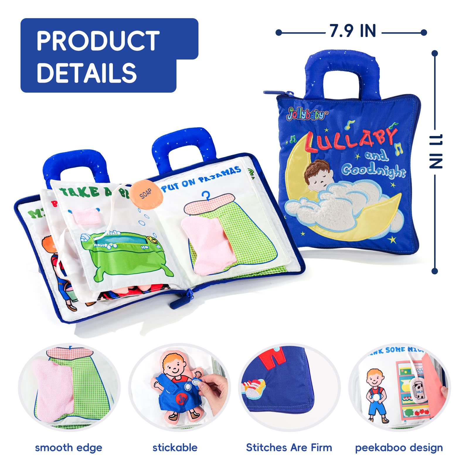 Jollybaby Soft Busy Book for Toddlers - Montessori Educational Quiet Book with Lullaby & Goodnight Theme, 10 Learning Activities for 1-3 Year Old Boys & Girls (Navy) | Perfect Travel Toy, Preschool Learning & Sensory Play for Airplane, Car Rides & Bedtime