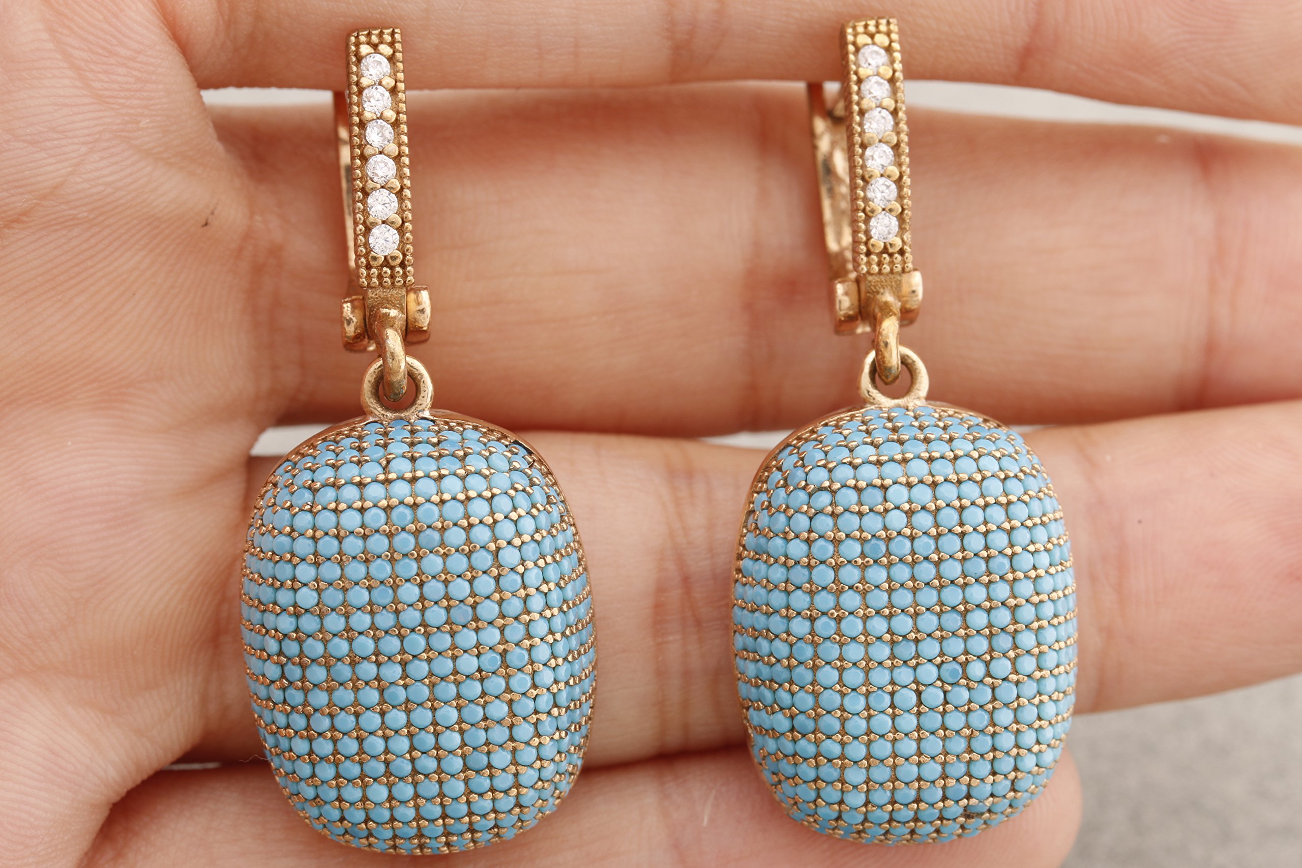 Handmade Turkish Jewelry - 925 Sterling Silver Turquoise Zircon Drop Earrings with Round Cut Stones | Boho Chic Accessories for Women, Perfect for Weddings & Special Occasions