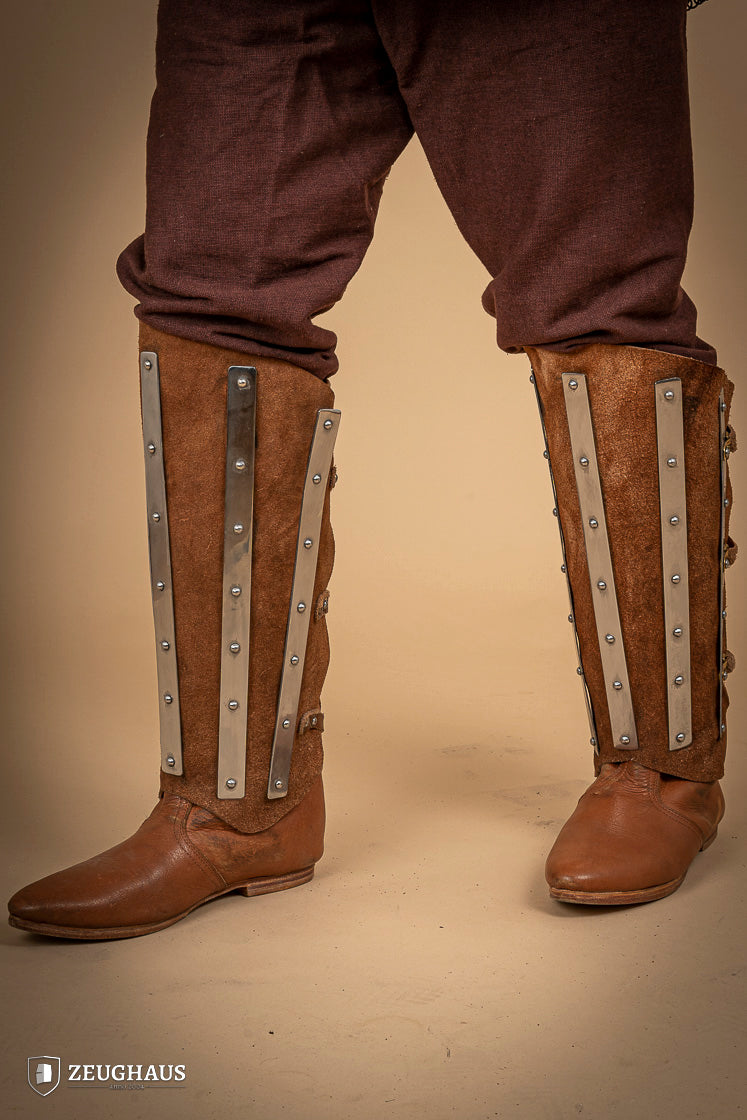 Premium Brown Suede Leather Greaves with Splints - Medieval Armor for LARP, Cosplay & Renaissance Fairs - Perfect for Knights & Warriors