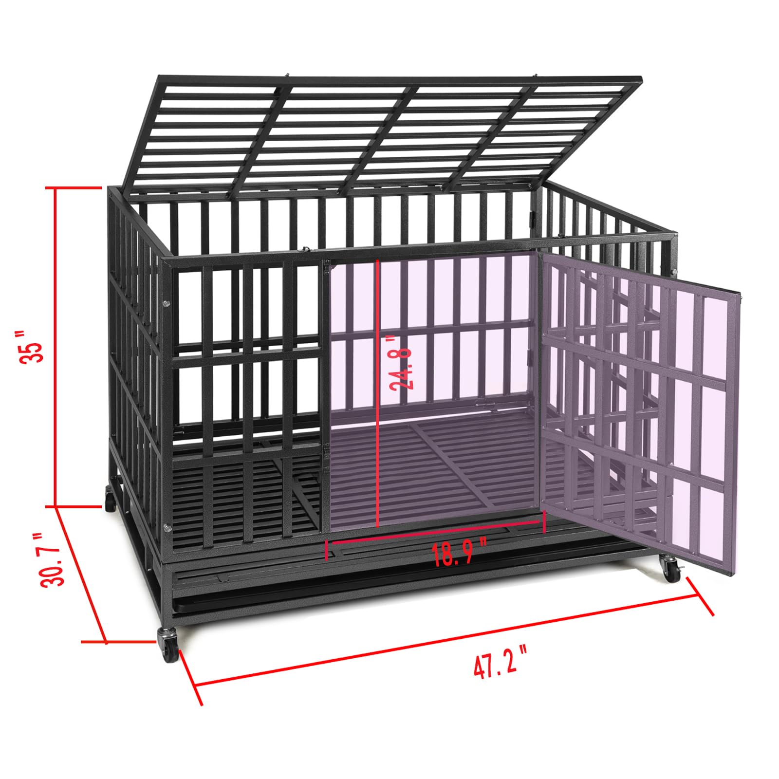 48 Inch Heavy Duty Dog Crate Kennel with Wheels - Indestructible XL XXL Extra Large Dog Cage for High Anxiety Dogs, Removable Tray & Dual Lock System (Black, Square) - Perfect for Travel, Training & Home Security