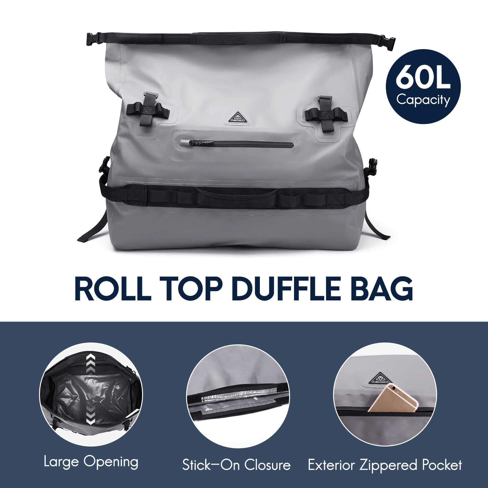 Haimont 60L Waterproof Roll-Top Duffle Backpack - Heavy Duty Dry Bag for Boating, Kayaking, Camping, Travel & Motorcycle - Ideal for Outdoor Adventures, Beach Trips and Water Sports Gear Storage