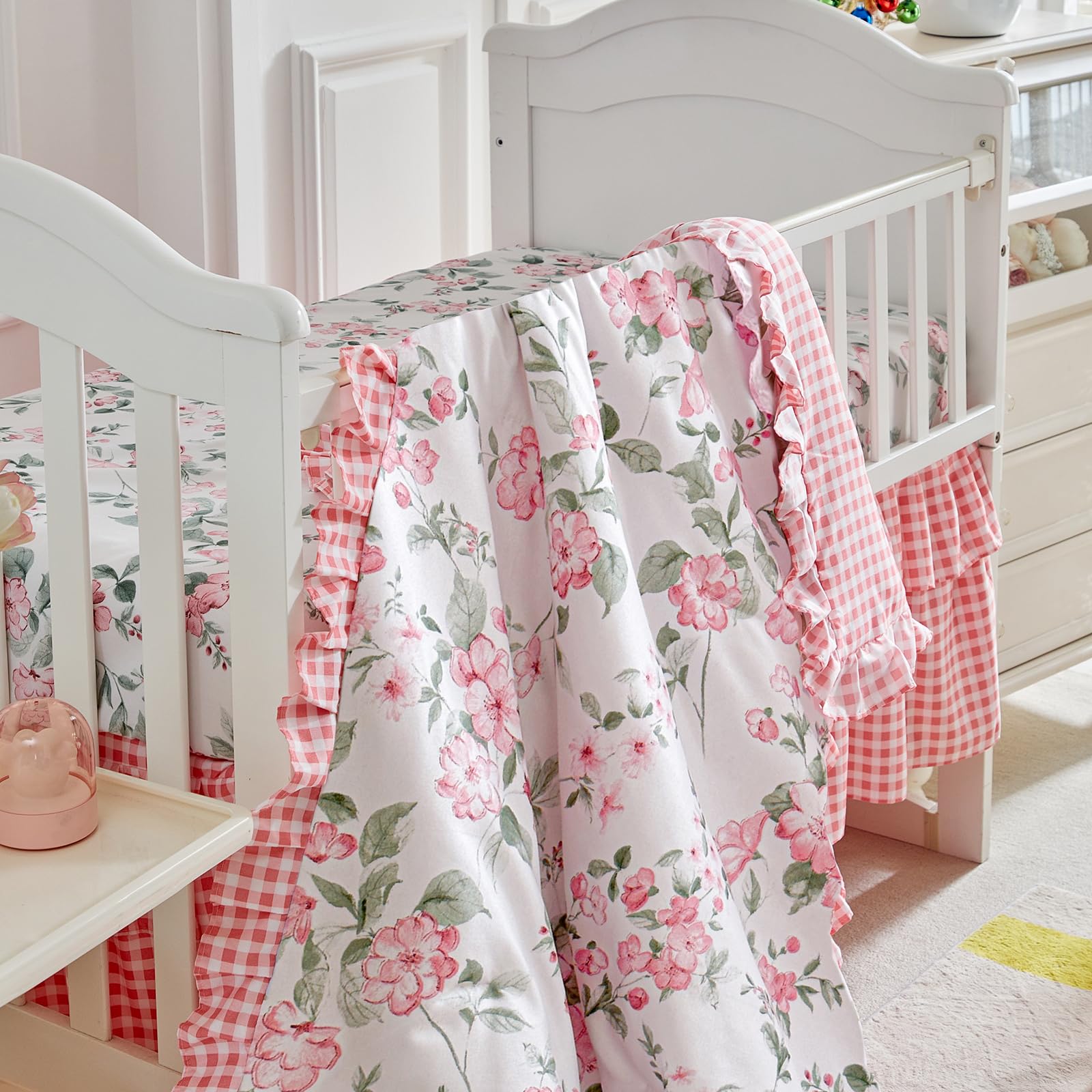 Floral Crib Bedding Set - White & Pink Ruffled Quilted Comforter with Fitted Sheet & Bed Skirt for Baby Girls Nursery | Shabby Chic Flower Design with Leaves | Perfect for Newborn, Infant & Toddler Bedrooms