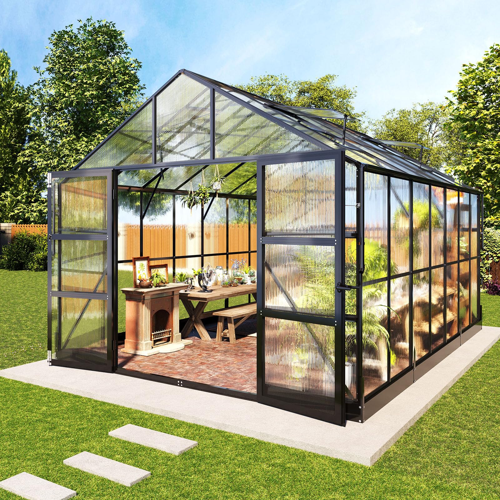 AMERLIFE 10x14x8.4 FT Polycarbonate Greenhouse Kit with 4 Roof Vents & Rain Gutter - Heavy Duty Aluminum Frame for Outdoor Gardening, Backyard, Patio - Perfect for Growing Vegetables, Flowers & Plants Year-Round