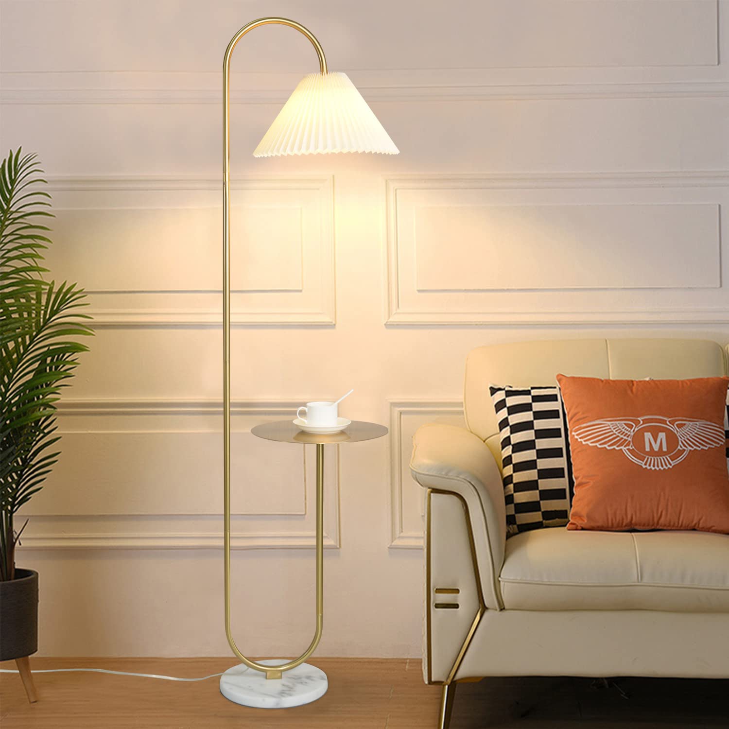Beaysyty Modern Elegant Floor Lamp with Tray - Brass/Gold Finish & Light Yellow Pleated Lampshade for Office, Cafe, Living Room & Bedroom | Foot Switch Control | Perfect for Reading, Working & Relaxing