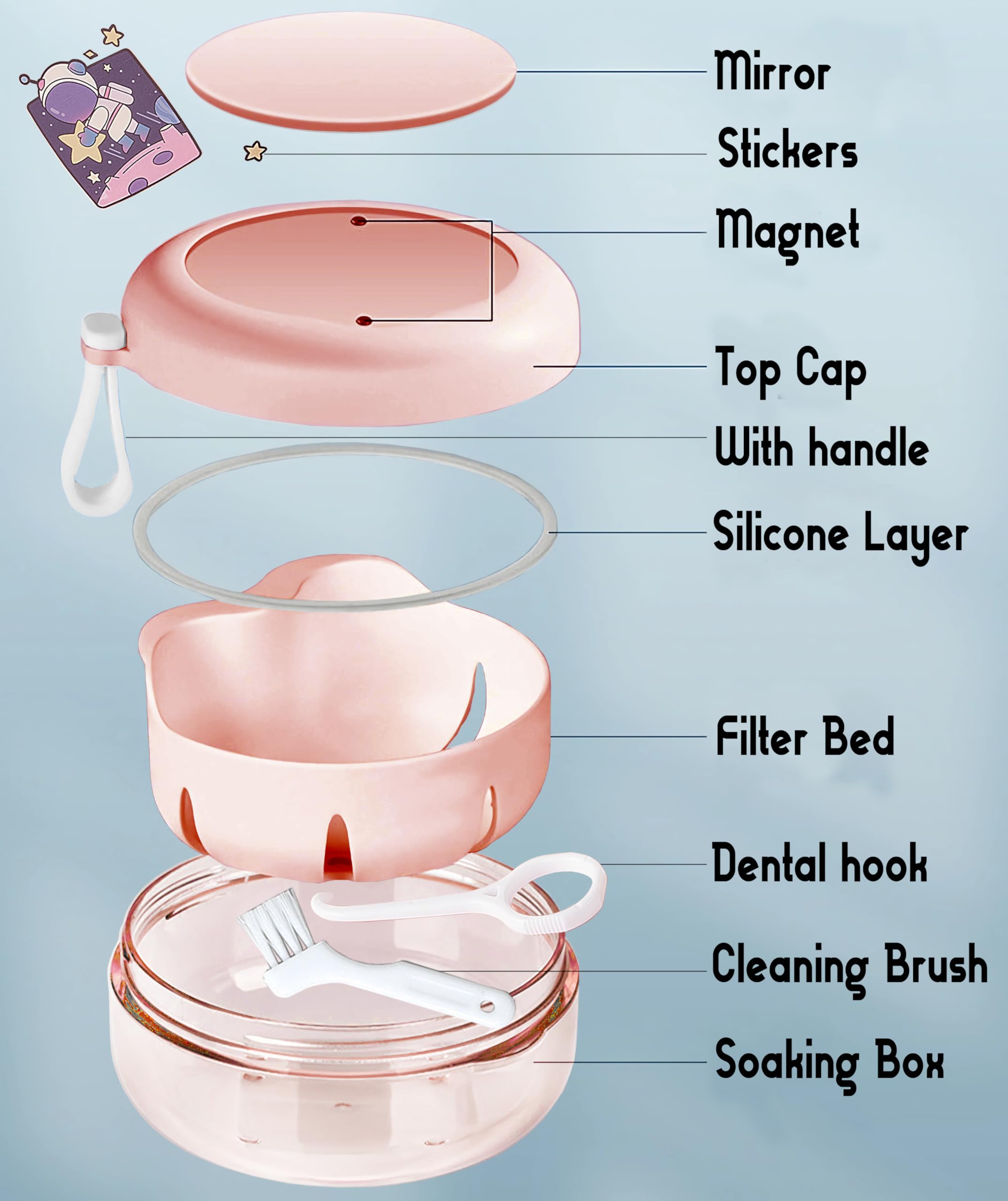 MURRI&MURRDI Denture Case with Strainer Basket - Retainer Storage Box, Travel Denture Soak Container, Mouth Guard & Braces Cleaner Cup (Pink) | Perfect for Travel, Home Use & Dental Hygiene Organization