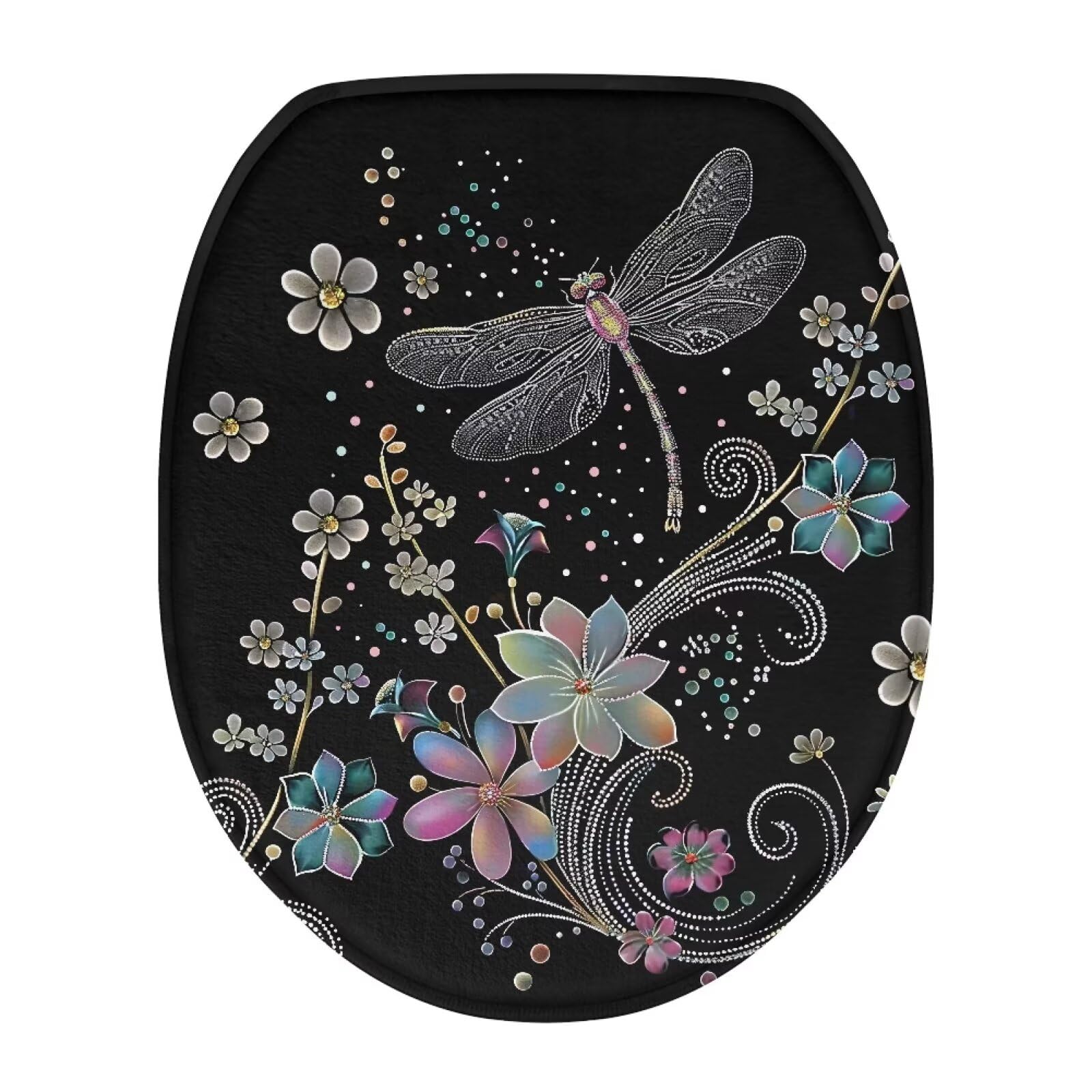 Stretchable Dragonfly Flower Toilet Seat Cover - Soft Elongated Toilet Lid & Tank Cover for Bathroom, Machine Washable & Easy Clean - Perfect Holiday Gift for Women (Home Decor & Bathroom Upgrade)