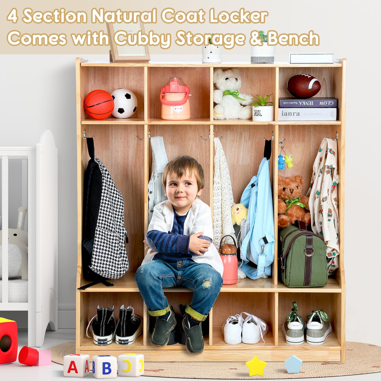 4-Section Wooden Coat Locker with Bench - Natural Pine Backpack Storage Cubby with Hooks - Perfect for Daycare, Classroom & Home Organization - Ideal for Kids' Backpack Storage, Shoe Organization & Entryway Decor