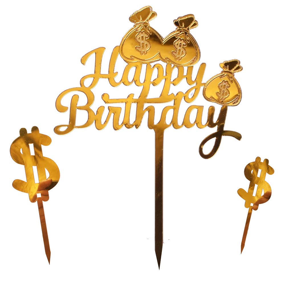 Set of 3 Gold Happy Birthday Cake Toppers - Premium Dollar Cake Topper Decorations for Birthday Parties, Wedding Cakes & Special Events
