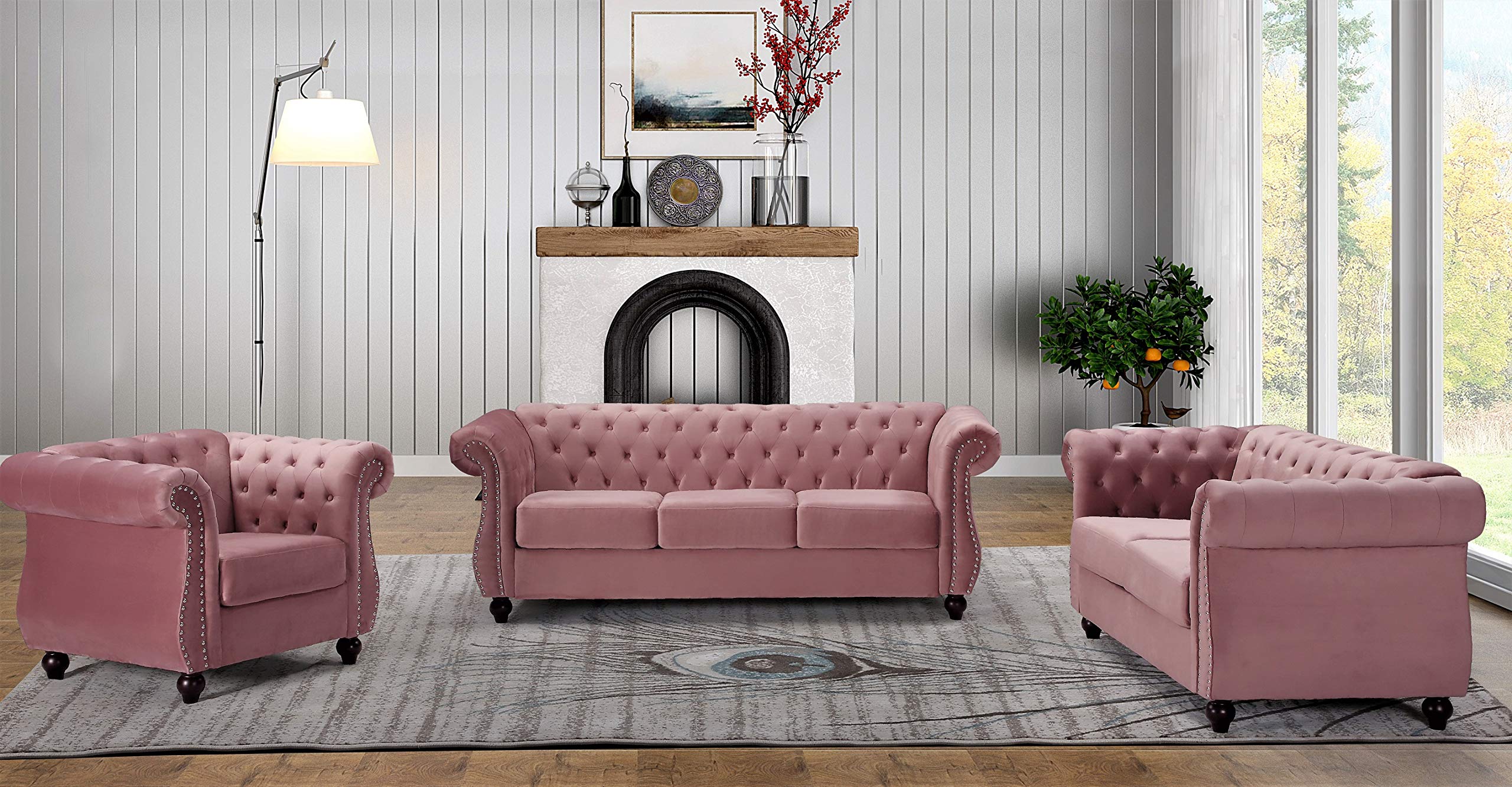 Luxury Modern Velvet Chesterfield Sofa Set - Tufted Living Room Couch with Nailhead Trim & Sturdy Metal Frame (Chair, Loveseat, 3-Seater) in Rose Pink - Perfect for Home Theater, Lounge Areas & Elegant Living Spaces