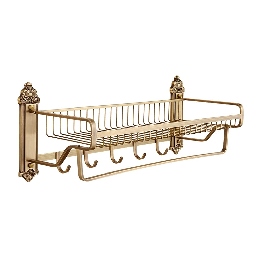 Antique Solid Copper Wall Mounted Bathroom Shelf Organizer with Hooks - Towel Rack & Storage for Shower, Kitchen & Bathroom - Perfect for Small Space Organization & Rustic Home Decor