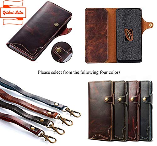 Genuine Cowhide Leather Flip Case for iPhone 13 Pro Max with Magnetic Button, Wristband & Card Holder | Shockproof TPU Bumper Wallet Phone Cover (6.7