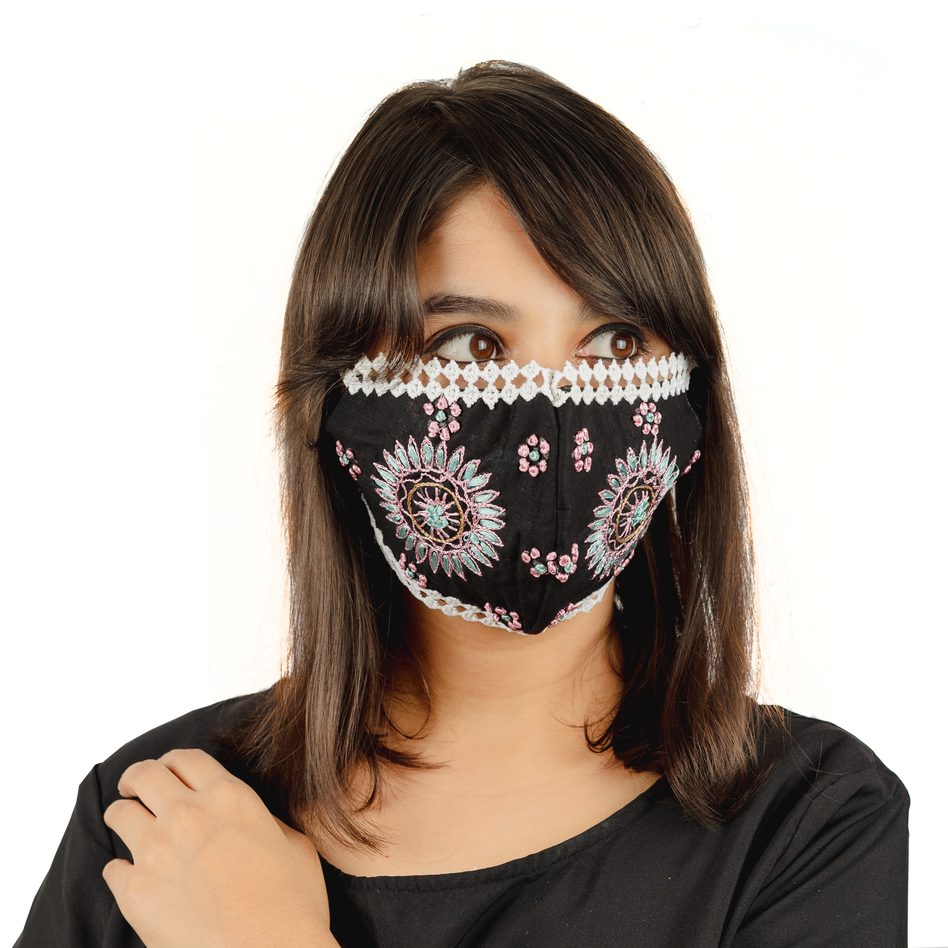 Black Cotton Face Mask with Lace and Sunflower Embroidery - Breathable & Stylish for Women, Outdoor Activities, Fashion Accessory