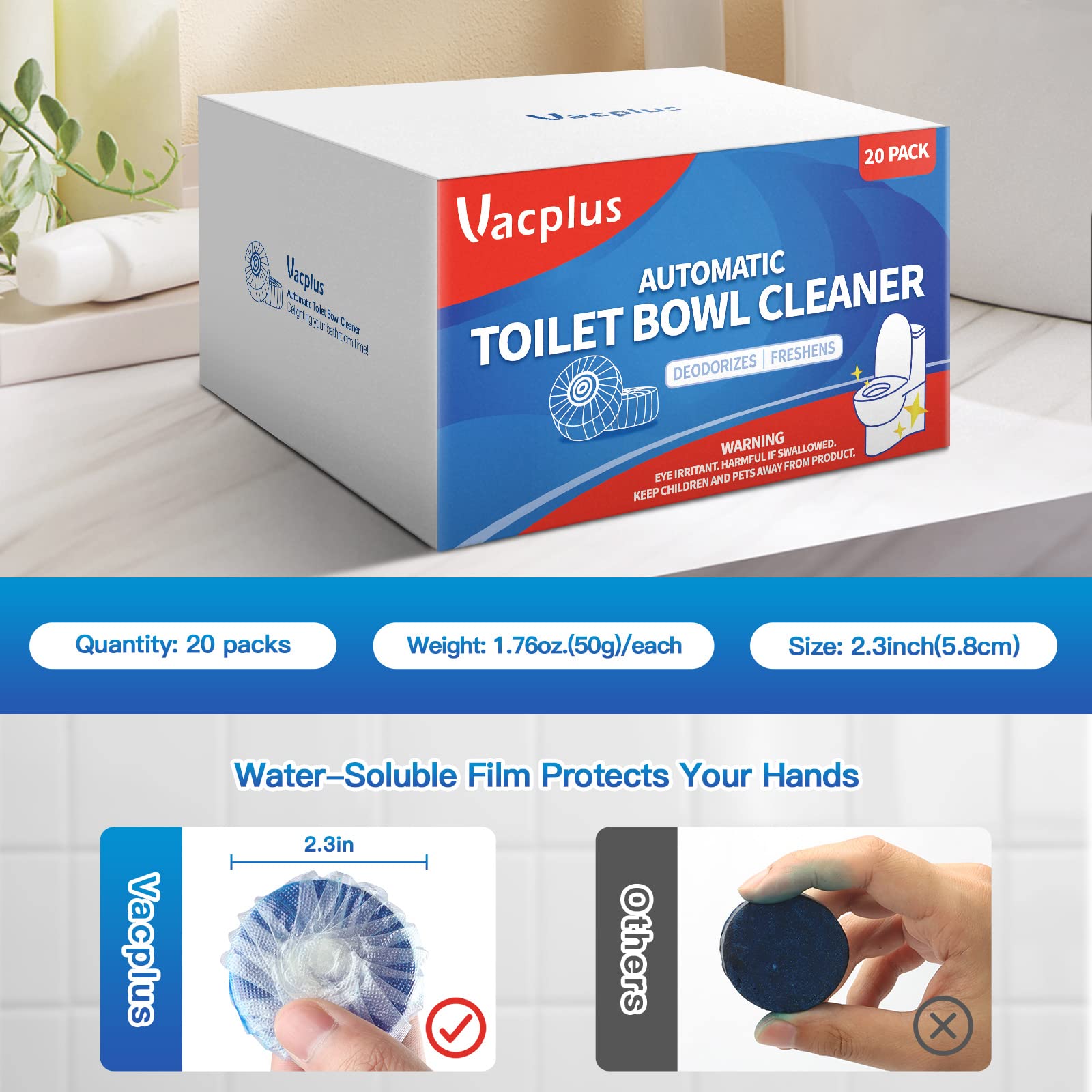 Vacplus Toilet Bowl Cleaner Tablets - 20 Pack, Long-Lasting Toilet Cleaner for Stains Prevention, Blue Cleaning Tablets for Bathroom & Toilet Maintenance - Perfect for Home, Hotel, and Office Use