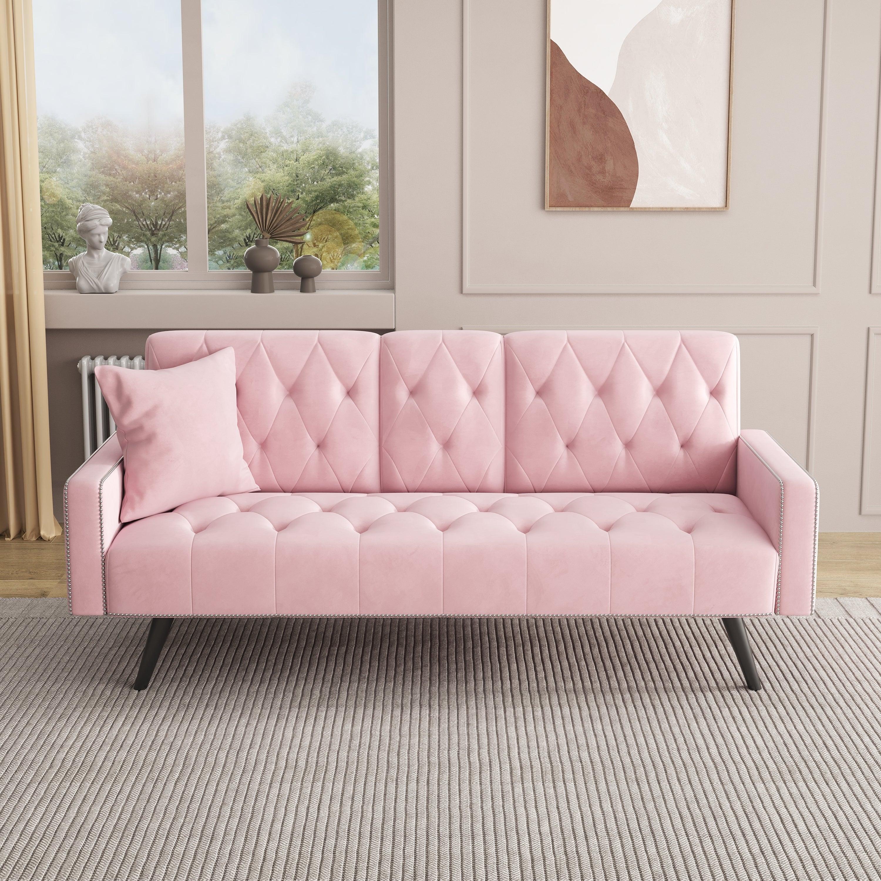 1730 Pink Velvet Sofa Bed with Nail Head Trim & Cup Holders - 72