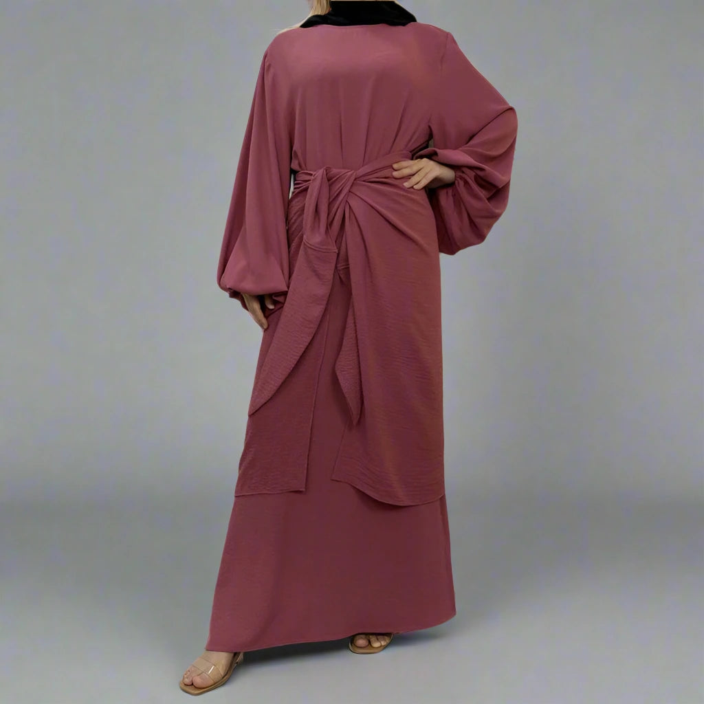 Elegant Solid Color Muslim Women's Abaya Dress with Mid Wrap - Modest Islamic Prayer Dress for Daily Wear & Special Occasions
