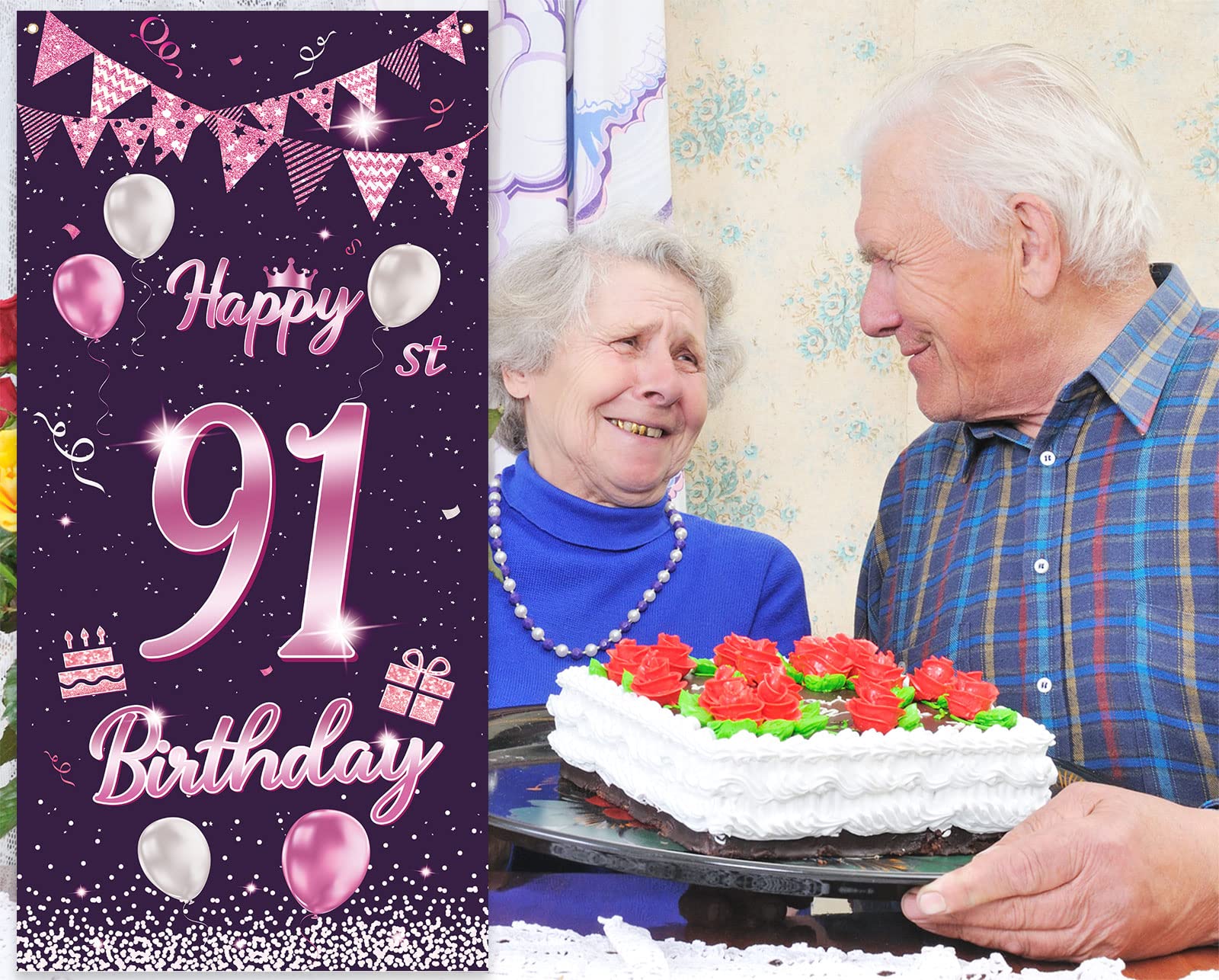 91st Birthday Decorations - Purple Rose Banner, Balloons & Confetti Backdrop for Women & Men | Cheers to 91 Years Party Supplies | Perfect for Door Cover, Porch & Birthday Party Backgrounds