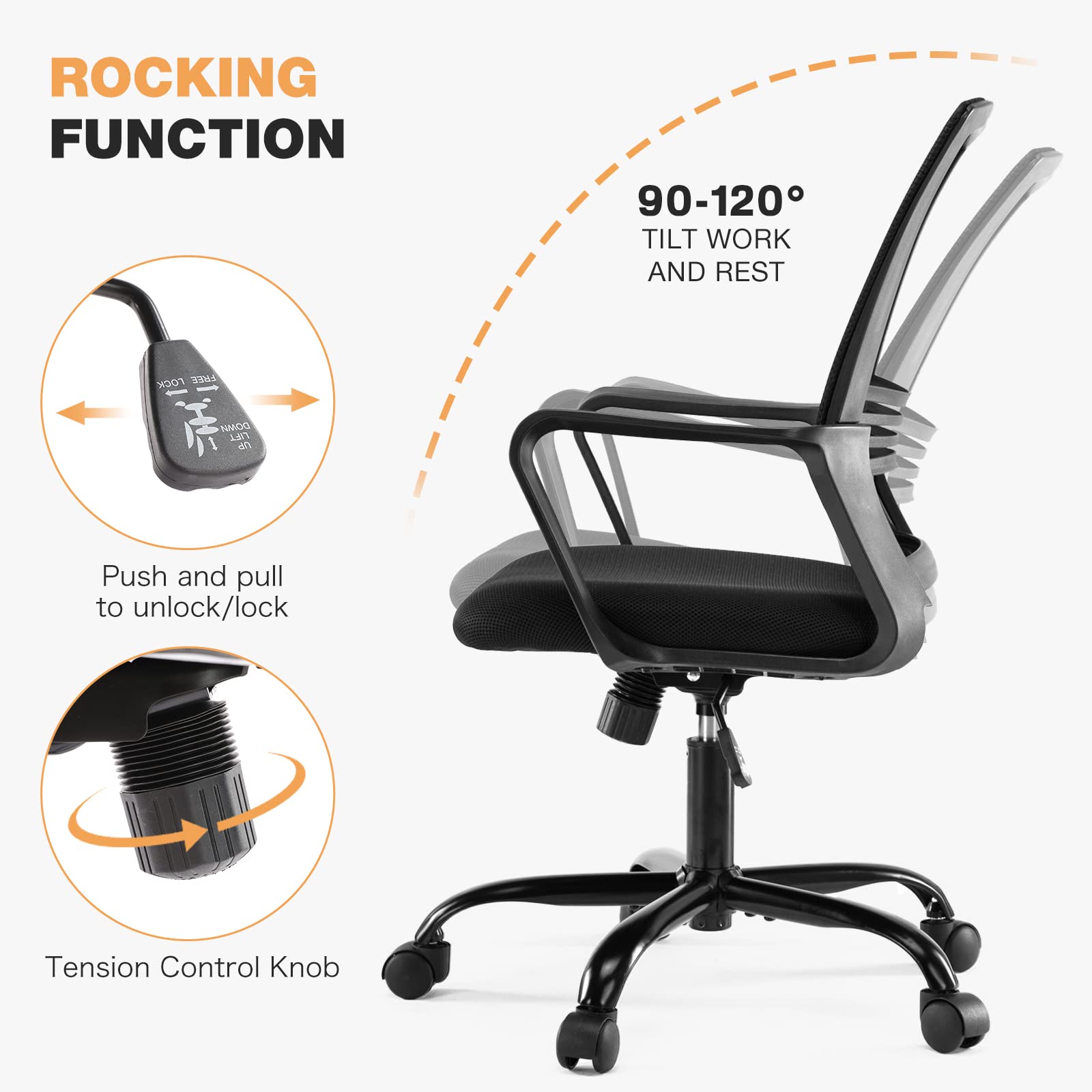 Ergonomic Mesh Office Chair with Wheels & Lumbar Support - Adjustable Mid Back Computer Desk Chair with Armrests, Swivel Rolling Task Chair for Home Office, Black - Perfect for Long Work Hours & Gaming Sessions
