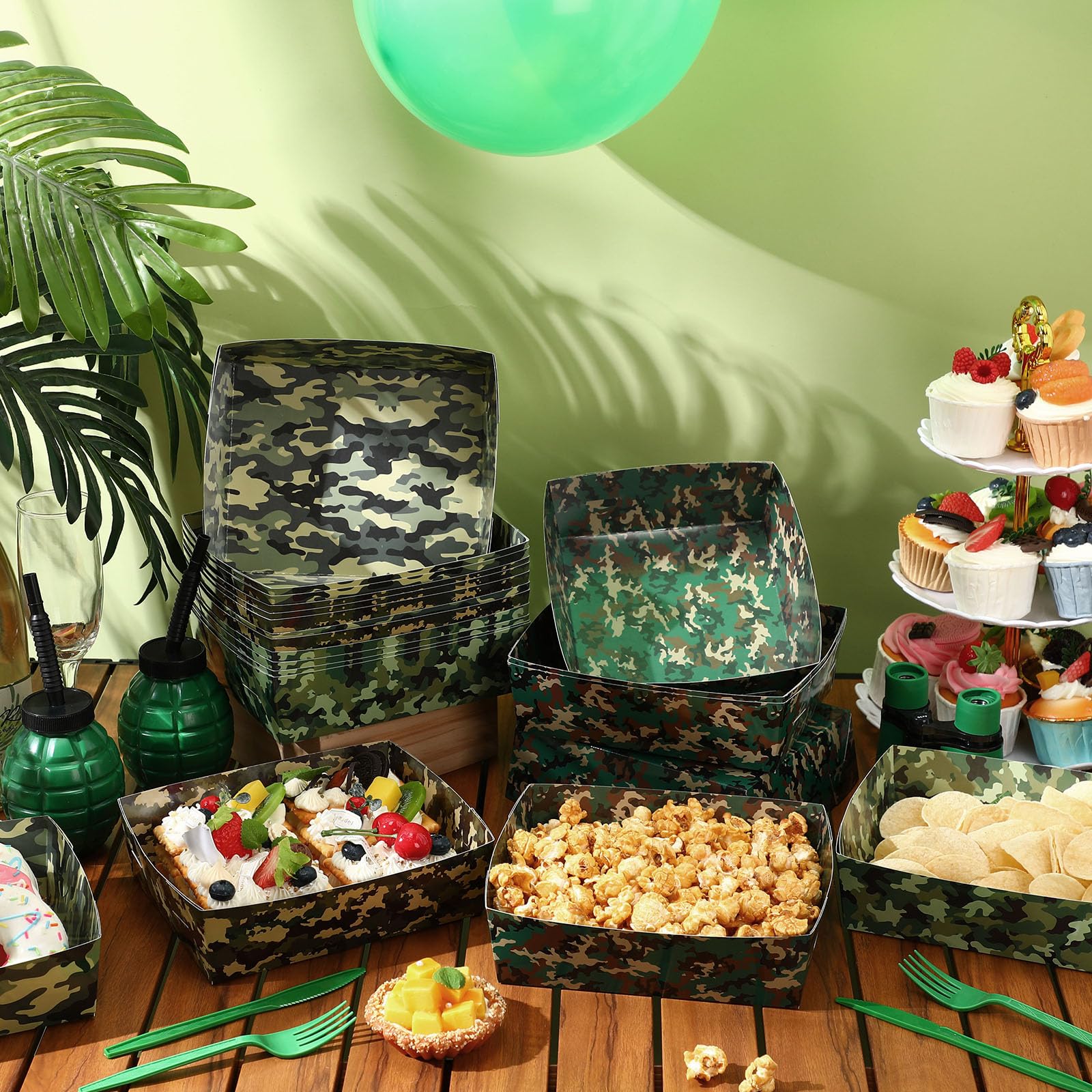 36 Pcs Camo Party Paper Food Trays - 5 lb Deer Nacho Boats, Large Disposable Snack Trays for Birthday Parties, Kids Events, Military Celebrations & Baby Showers - Camouflage Themed Party Supplies (Perfect for Outdoor BBQs, Game Day Snacks & Themed Events)