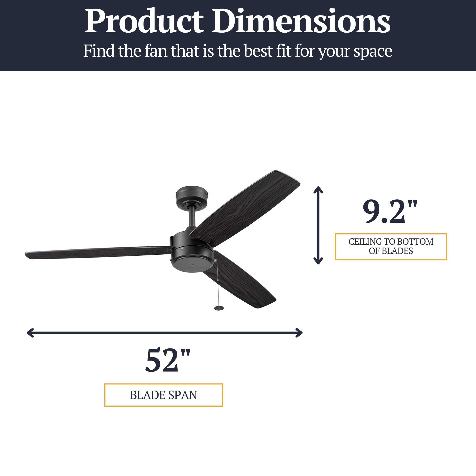 52 Inch Matte Black Ceiling Fan with Pull Chain - Indoor/Outdoor Use for Living Room, Bedroom, Patio & Covered Porch