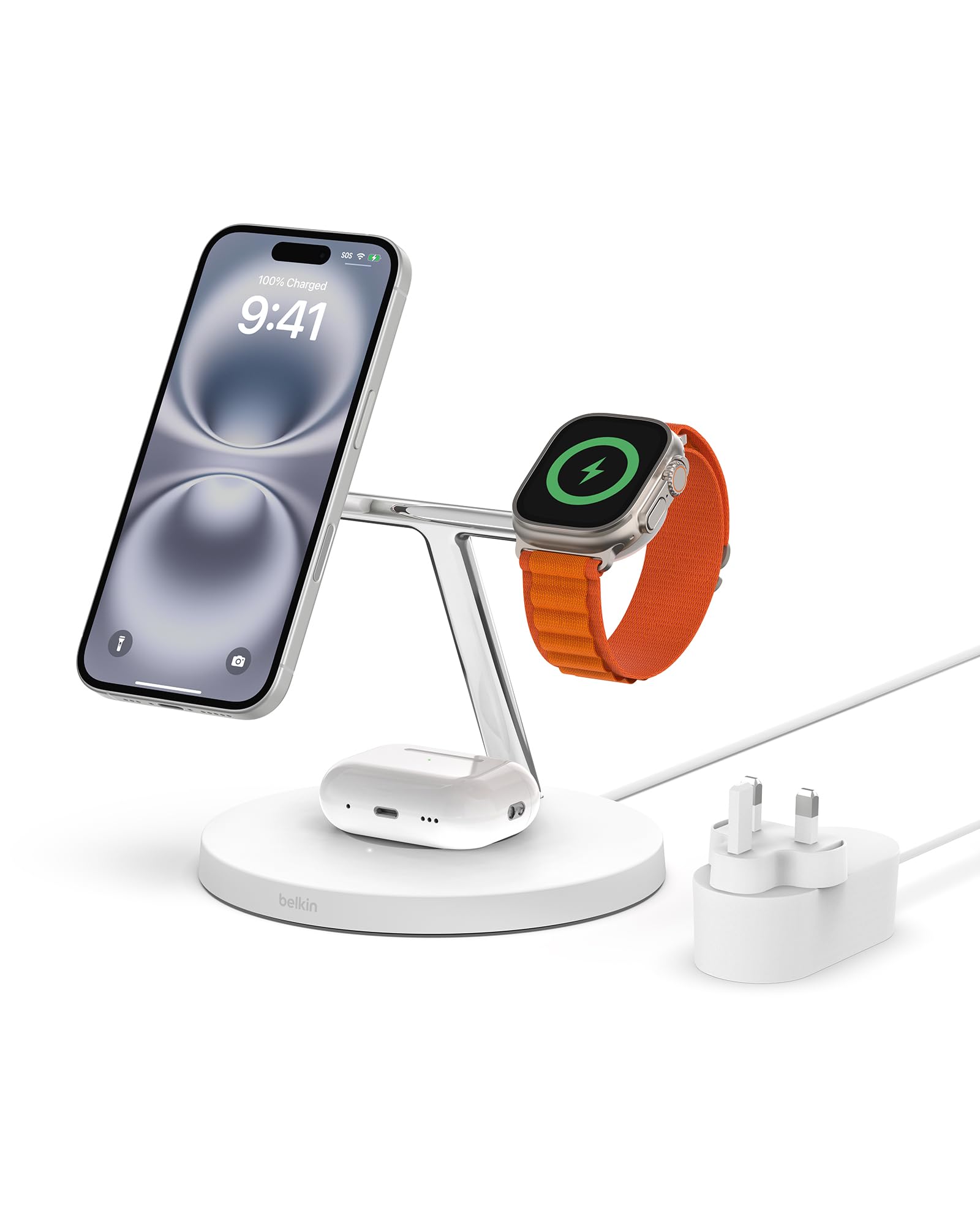 Belkin MagSafe 3-in-1 Wireless Charging Station - 15W Fast Charger for iPhone 16/15/14/13/12 Series, Apple Watch 10/9/8/SE/Ultra & AirPods - White | Perfect for Bedside, Office Desk & Travel Charging