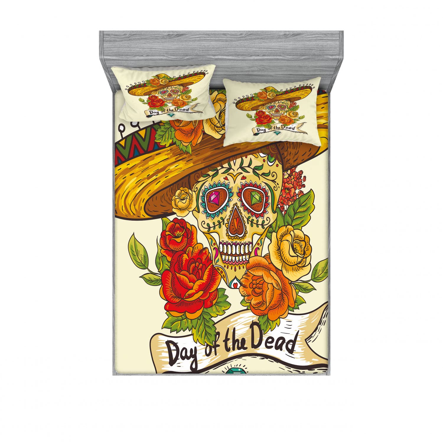 Ambesonne Sugar Skull 2-Piece Queen Fitted Sheet Set with 4 Pillow Shams - Mexican Day of the Dead Decor, Vibrant Multicolor Skull in Sombrero Design - Perfect for Halloween, Día de Muertos Themed Bedrooms & Party Decorations