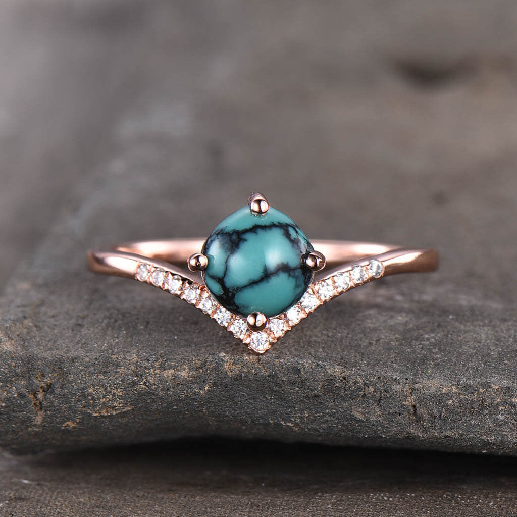 Elegant Turquoise Engagement Ring with Curved V Diamond Band - Perfect for Wedding, Proposal & Anniversary Gifts